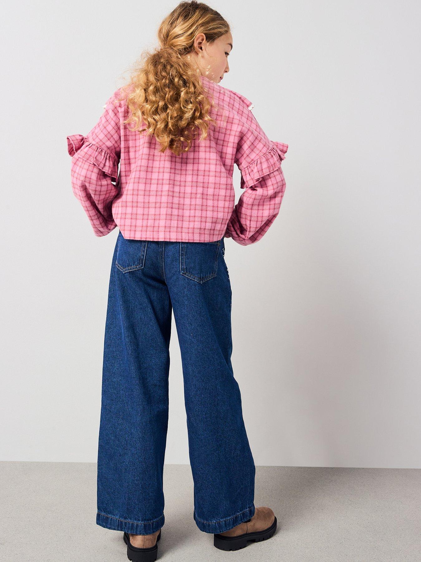  image of the-very-collection-girls-wide-leg-diamante-detail-jeans-mid-wash