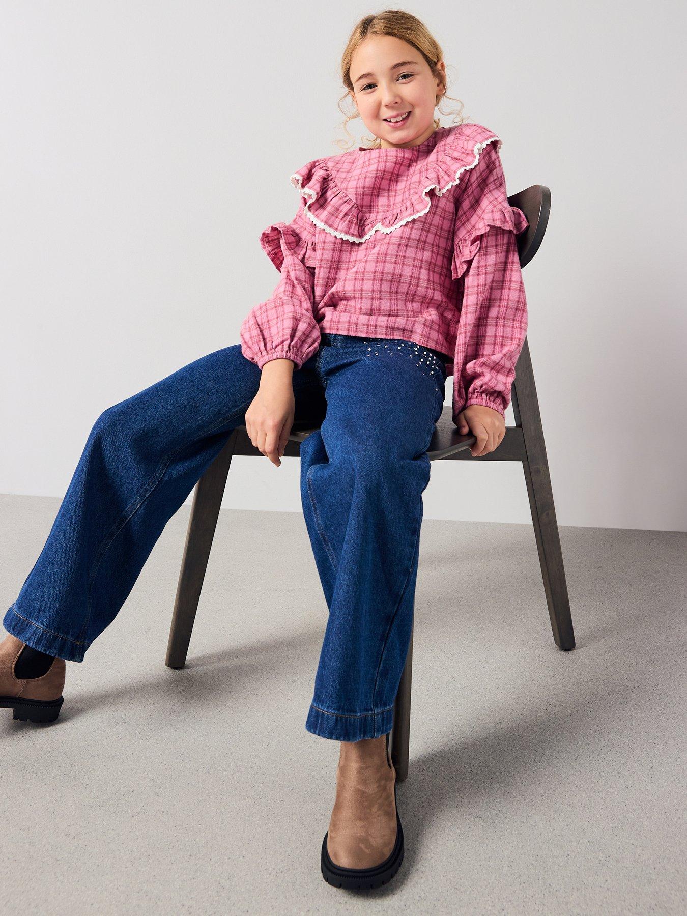  image of the-very-collection-girls-wide-leg-diamante-detail-jeans-mid-wash