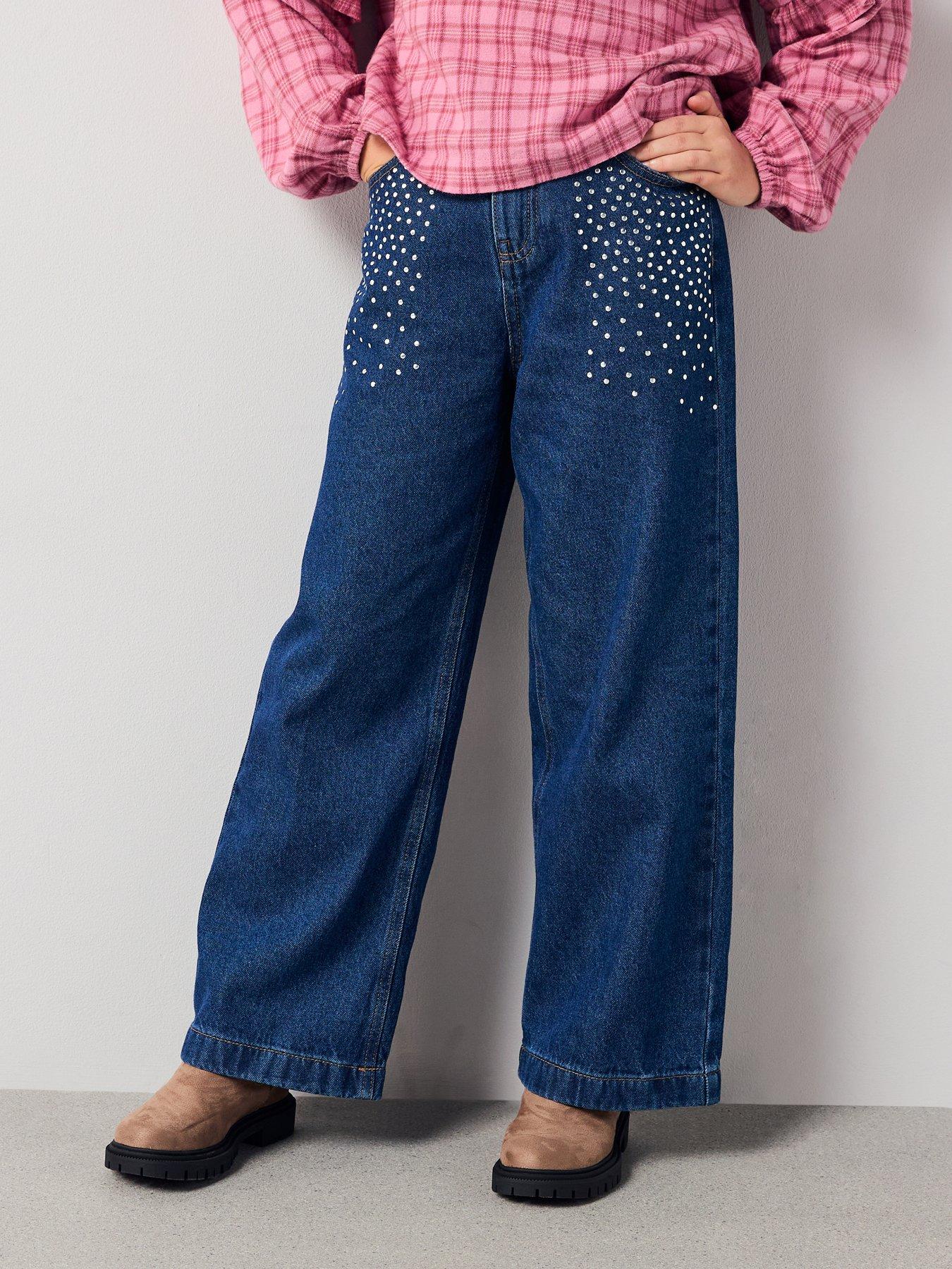  image of the-very-collection-girls-wide-leg-diamante-detail-jeans-mid-wash