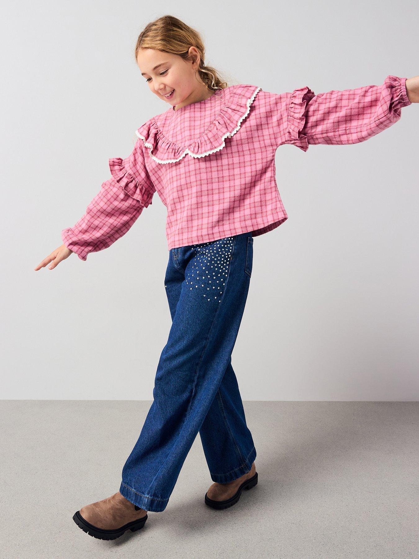  image of the-very-collection-girls-wide-leg-diamante-detail-jeans-mid-wash