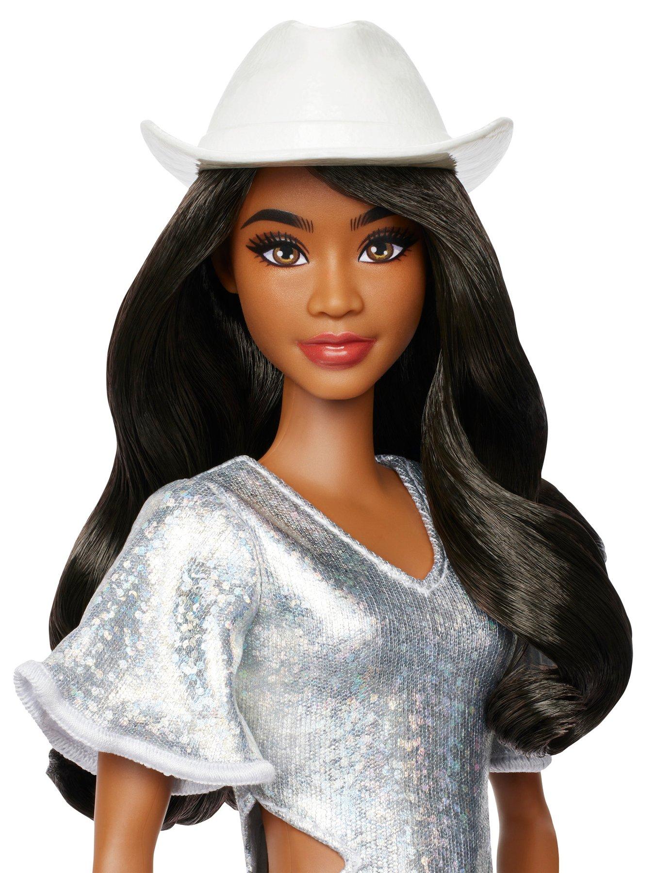 Image 4 of 6 of Barbie Fashionistas Doll #239 in Sparkly Silver Dress with Cowboy Hat and Boots, Black Hair