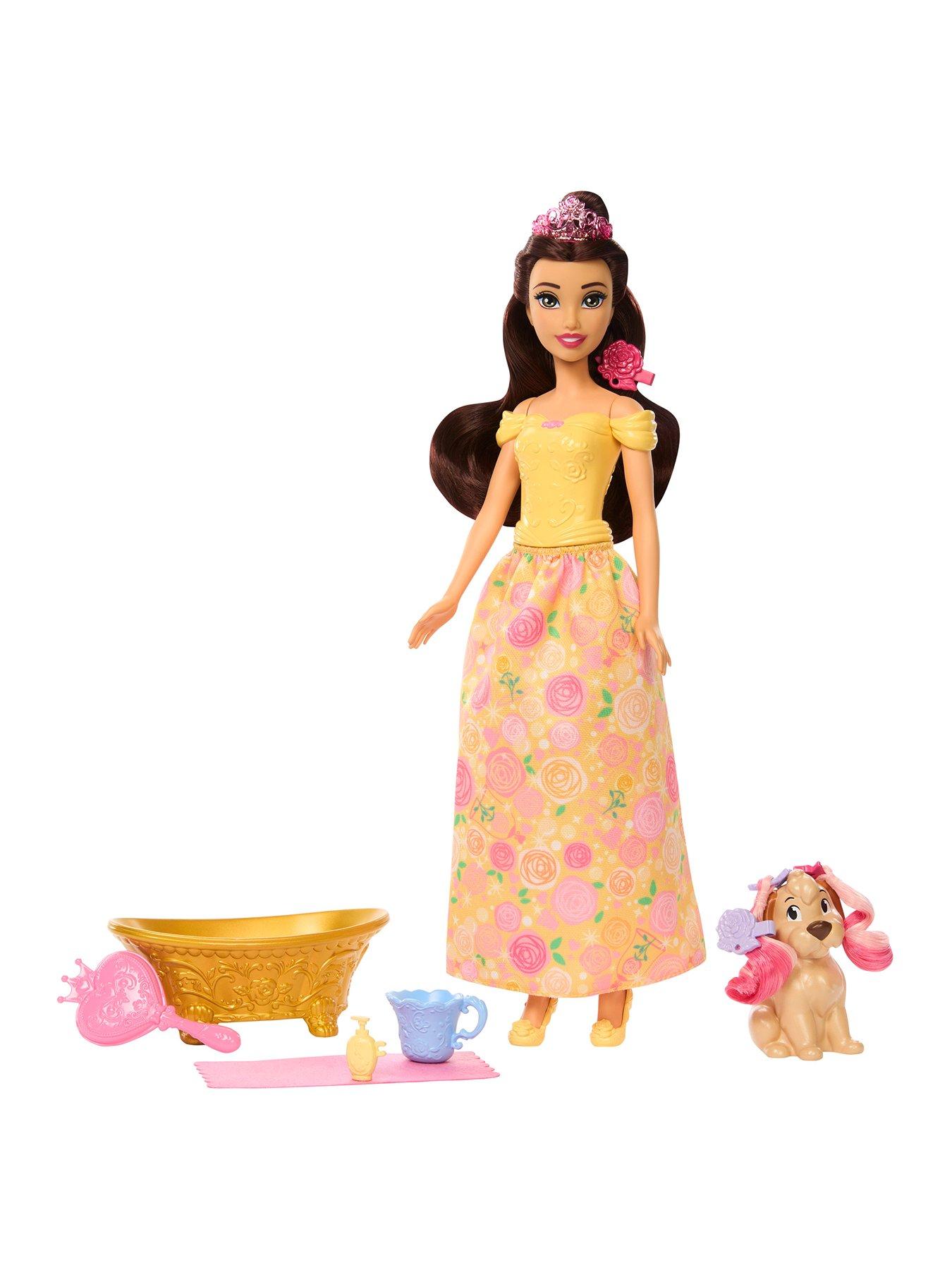 Image 1 of 6 of Disney Princess Bathe &amp; Brush Belle Fashion Doll &amp; Dog Figure with Color Change &amp; Accessories