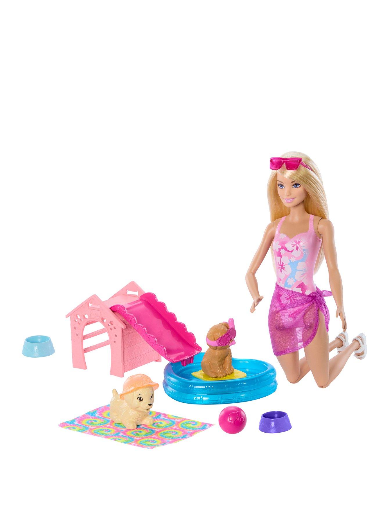 Barbie Puppy Pool Party Playset with Doll, Pool, Doghouse  &  Slide, 2 Pet Figures  &  6 Accessories
