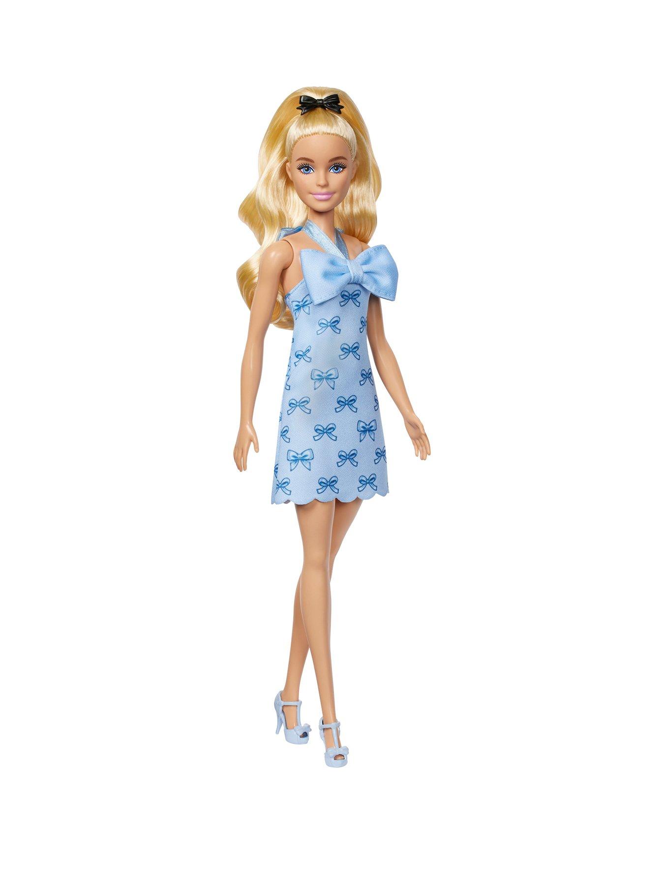 Barbie Fashionistas Doll #237 in Blue Bow Halter Dress, Blonde Ponytail with Bow Accessory