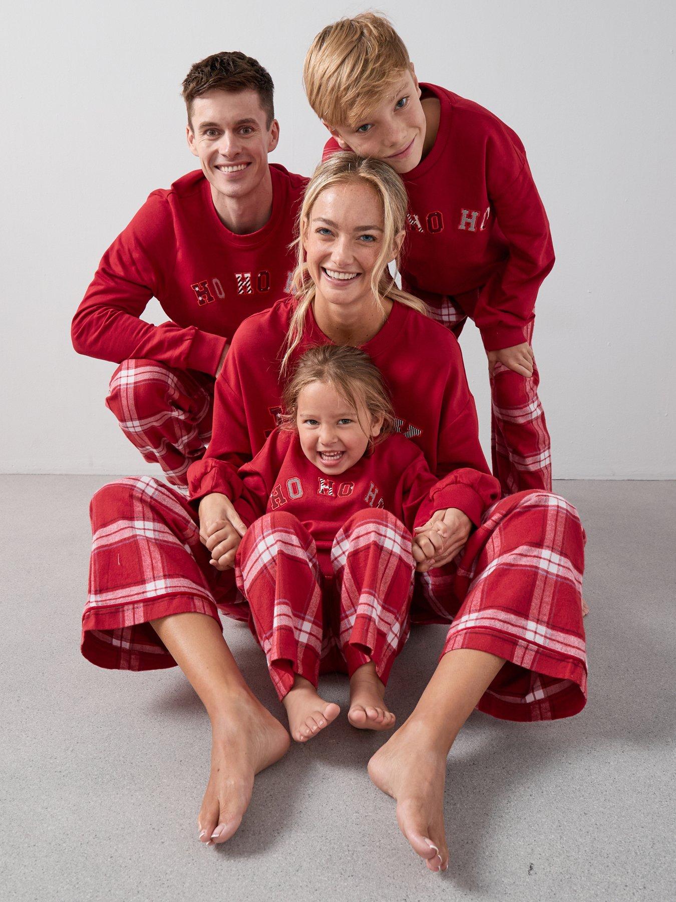 undefined Kids Family Christmas Pj Ho Ho Ho Brushed Back Sweat And Woven Bottom Set - Red