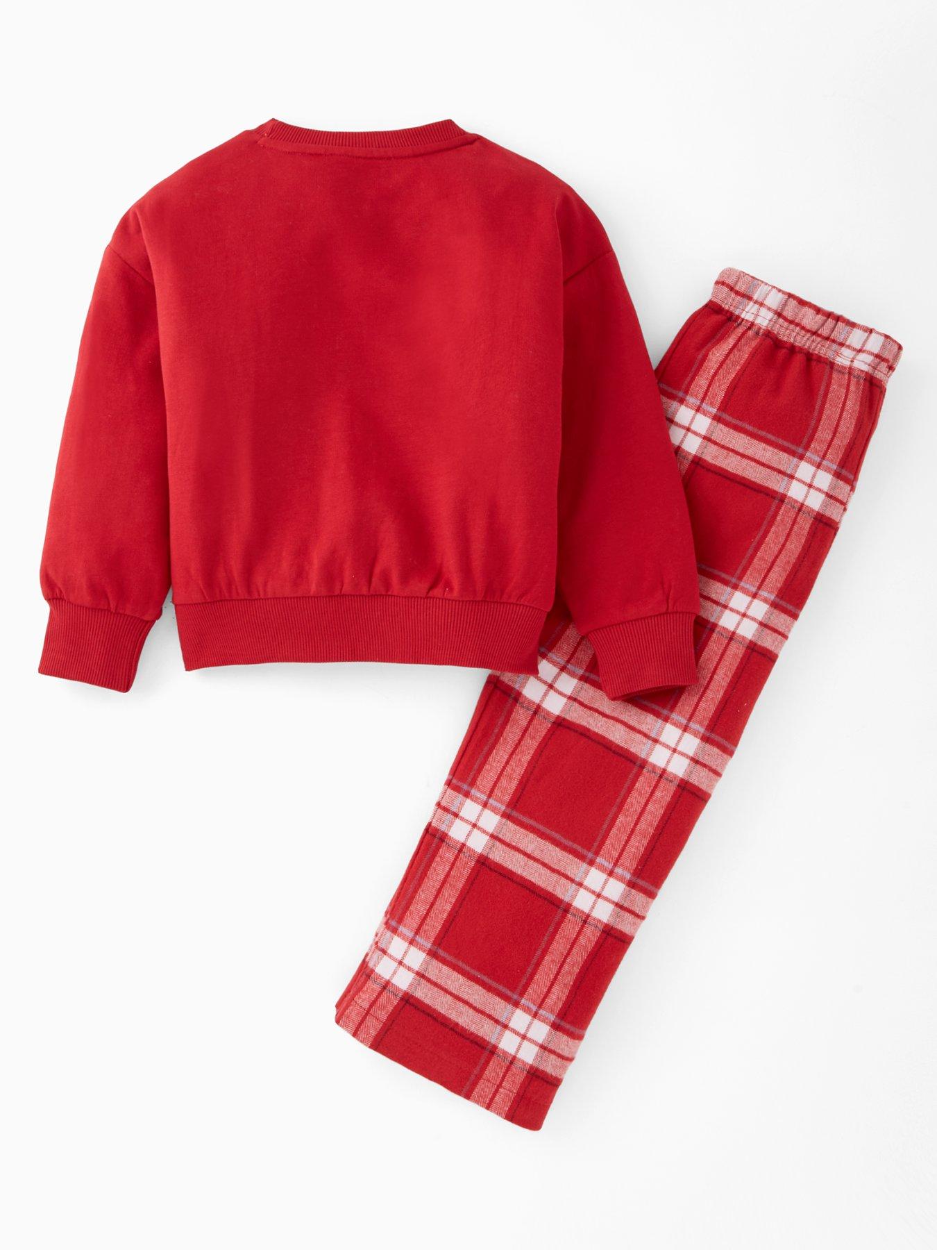 Image 3 of 6 of The Very Collection Kids Family Christmas Pj Ho Ho Ho Brushed Back Sweat And Woven Bottom Set - Red