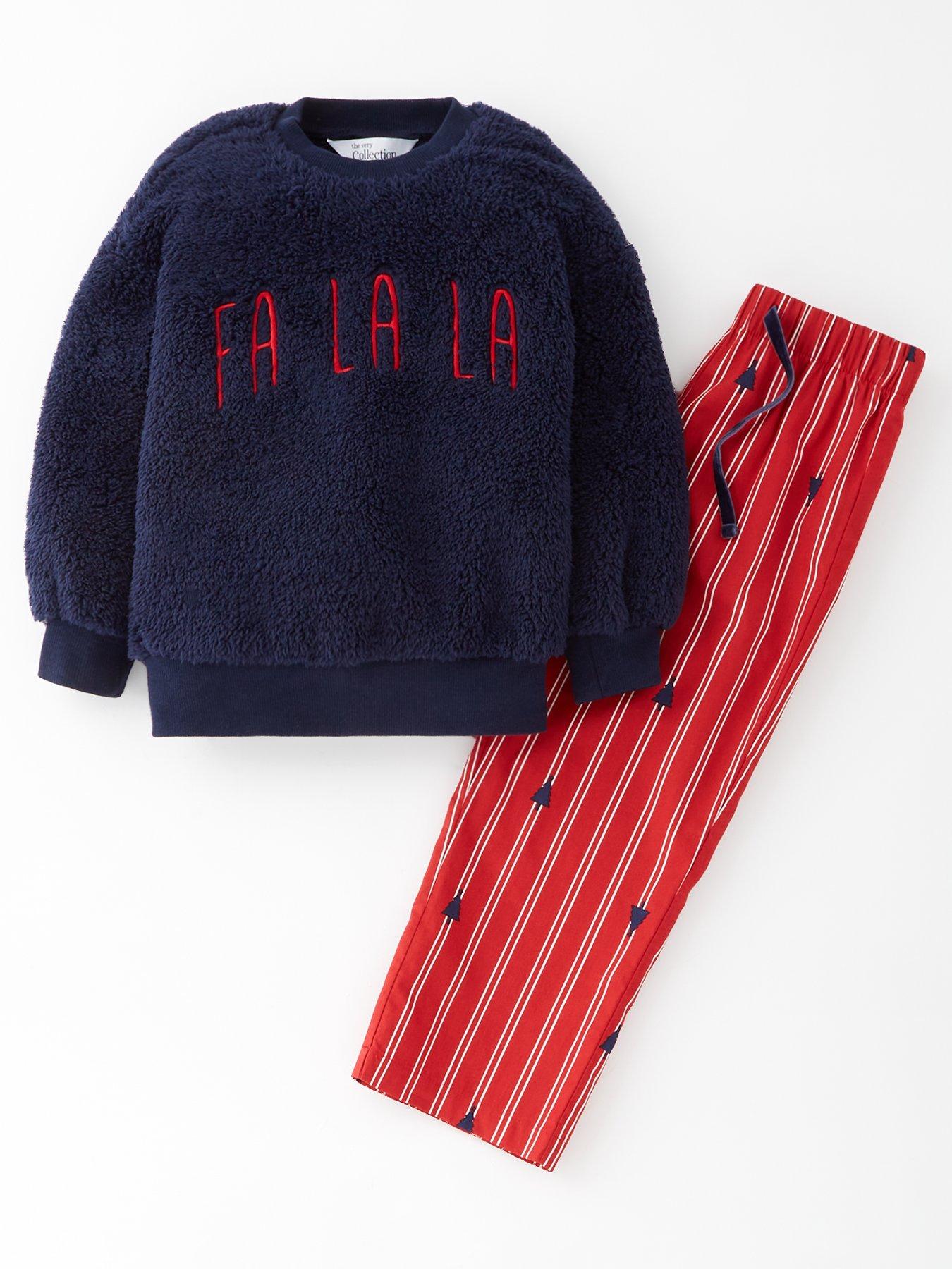 Image 2 of 6 of The Very Collection Kids Family Christmas Pj Borg Sweat And Xmas Tree Wide Leg Trousers - Navy