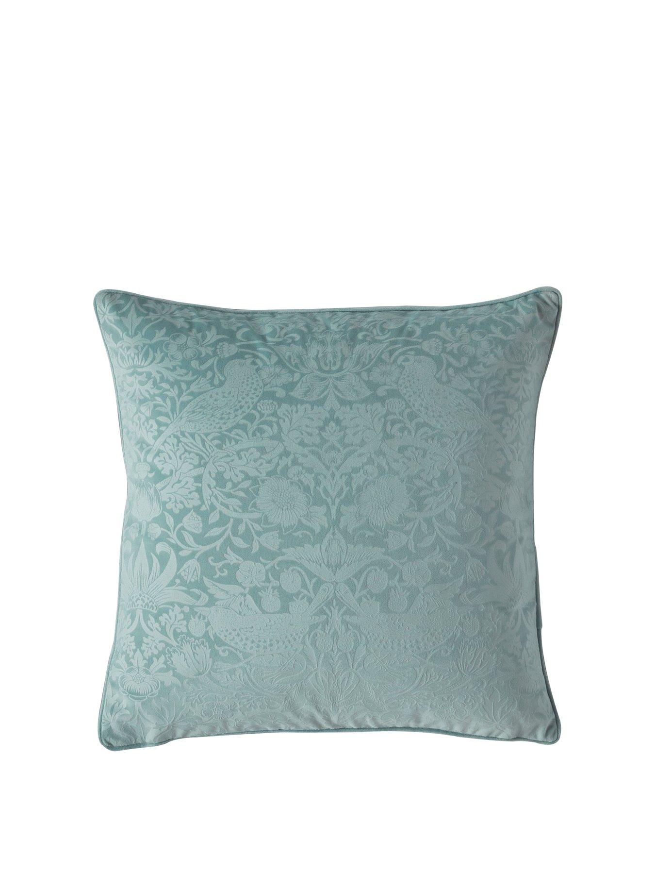  image of william-morris-at-home-strawberry-thief-embossed-cushion-in-seafoam