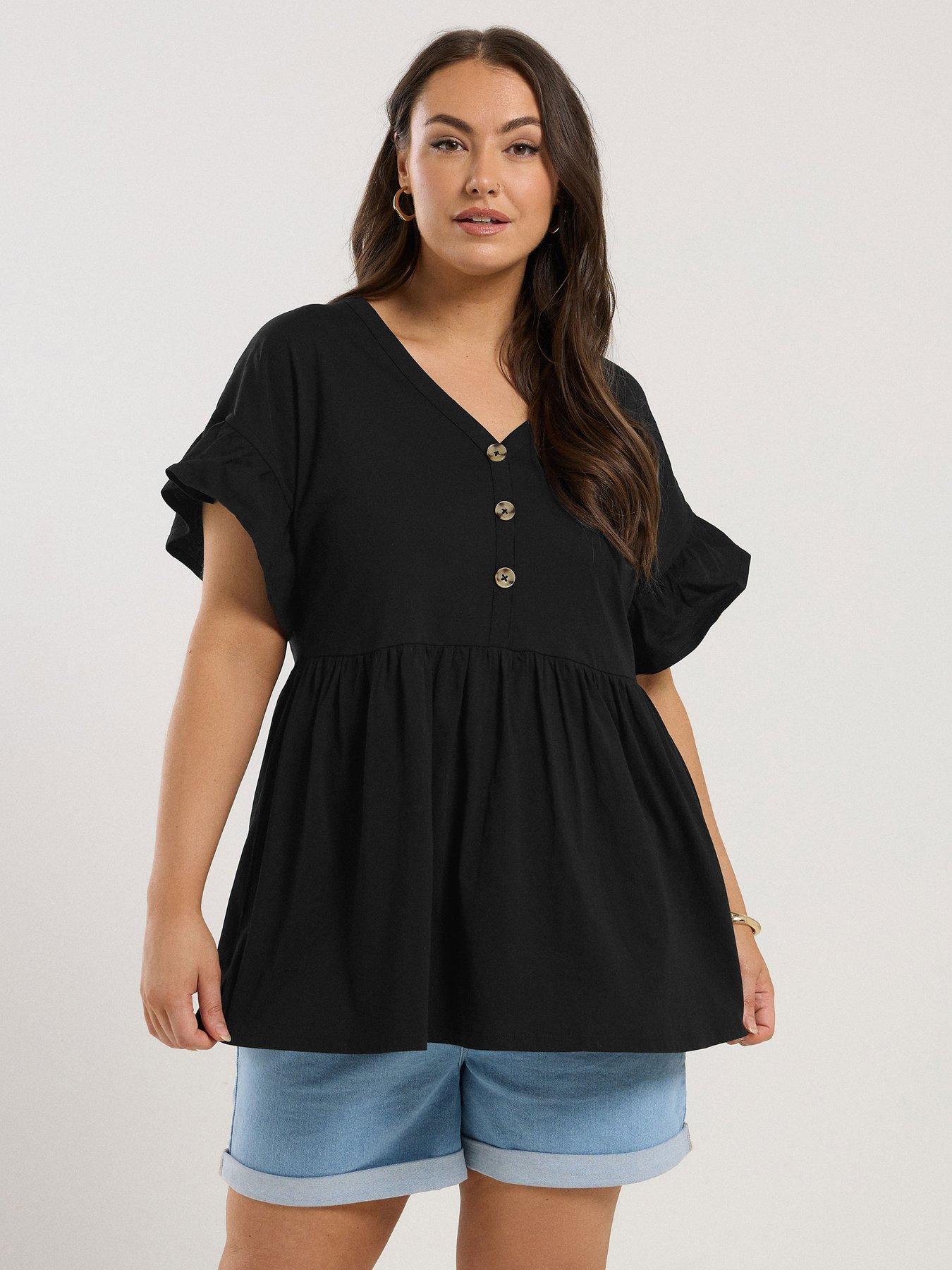 yours-curve-frill-sleeve-button-peplum-top-black