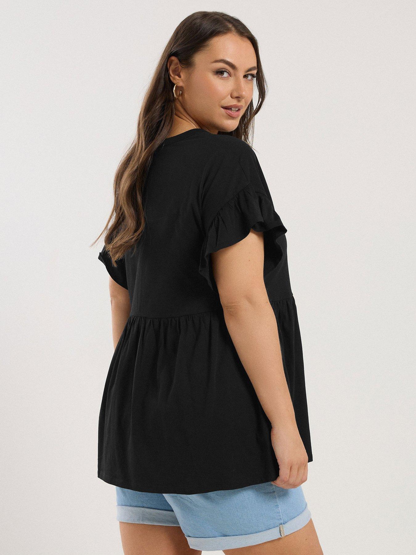  image of yours-curve-frill-sleeve-button-peplum-top-black