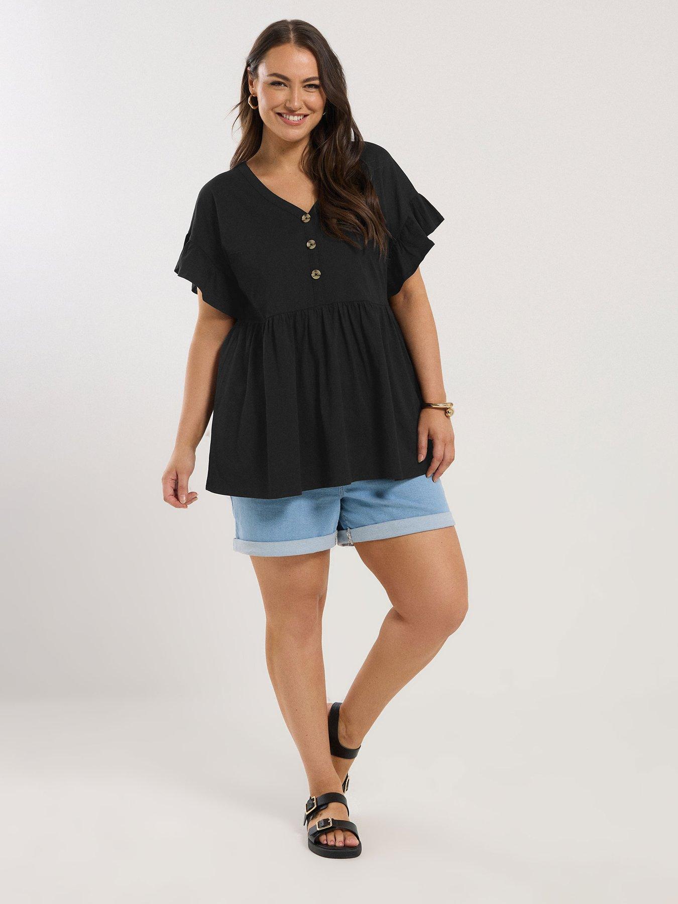  image of yours-curve-frill-sleeve-button-peplum-top-black