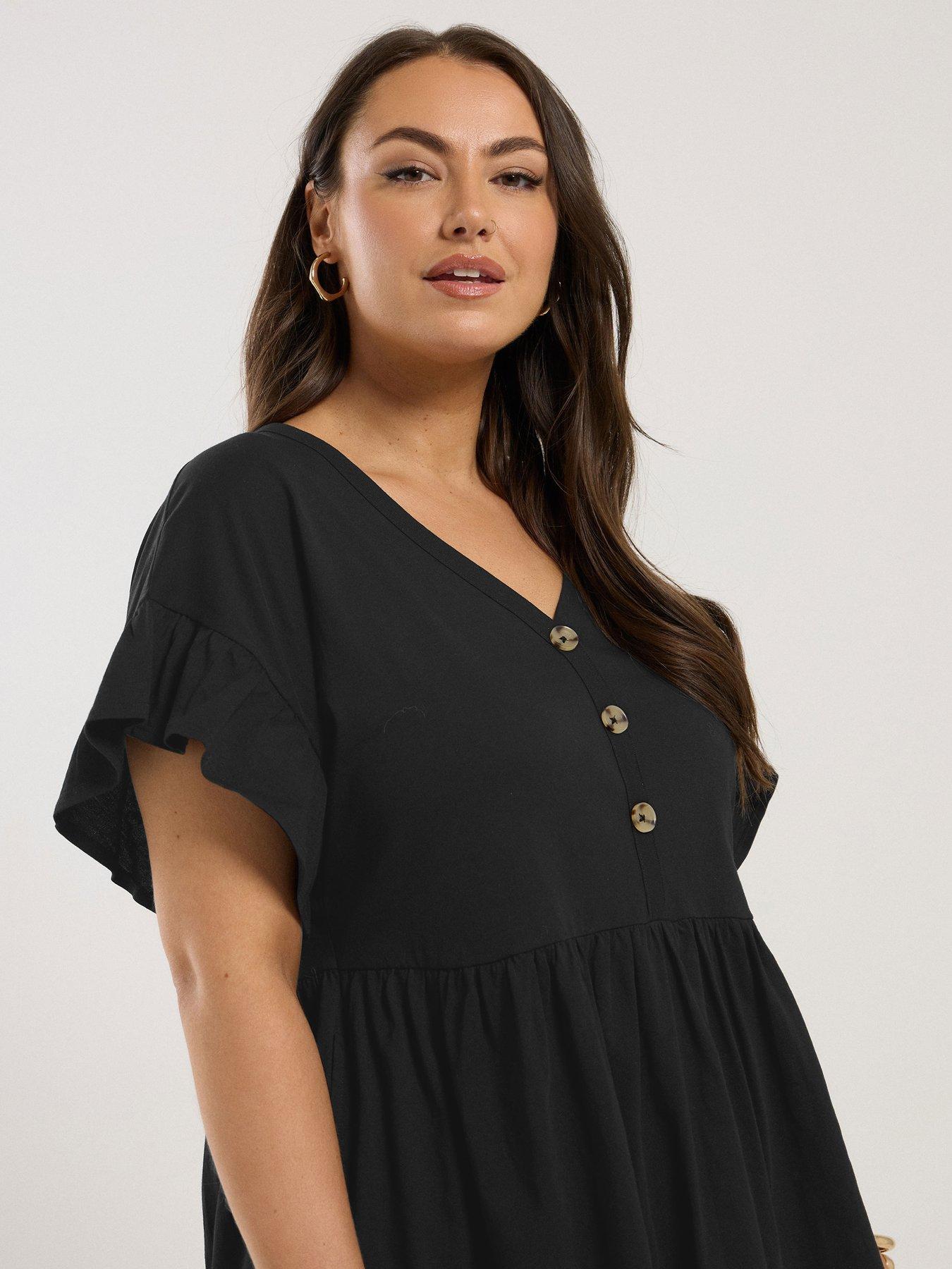  image of yours-curve-frill-sleeve-button-peplum-top-black