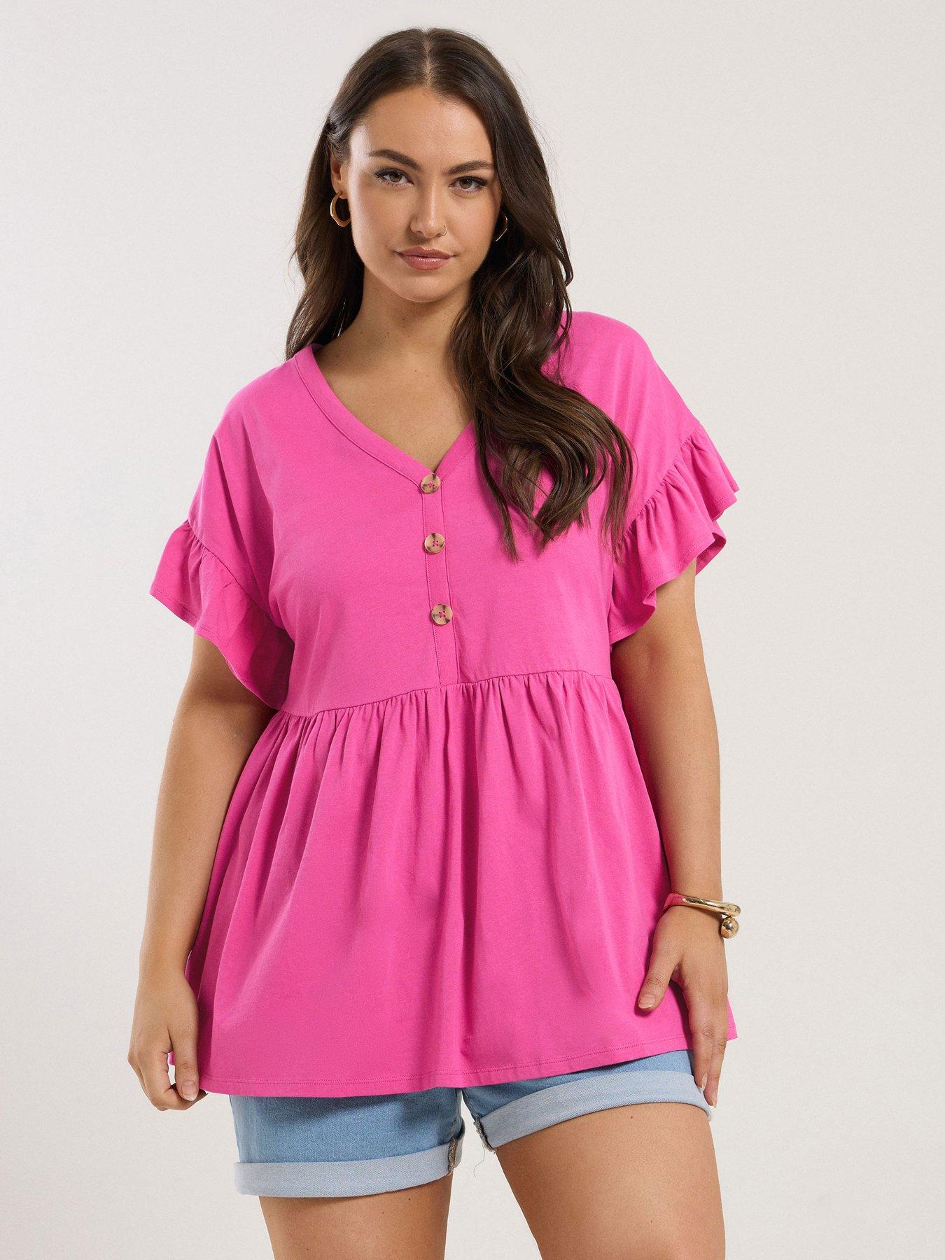front image of yours-curve-frill-sleeve-button-peplum-top-pink