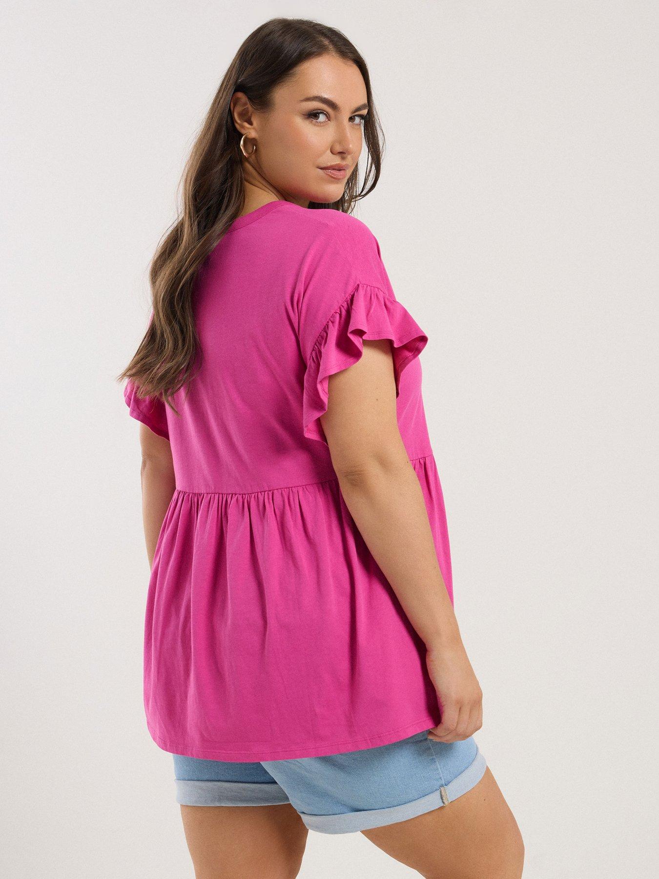 stillFront image of yours-curve-frill-sleeve-button-peplum-top-pink