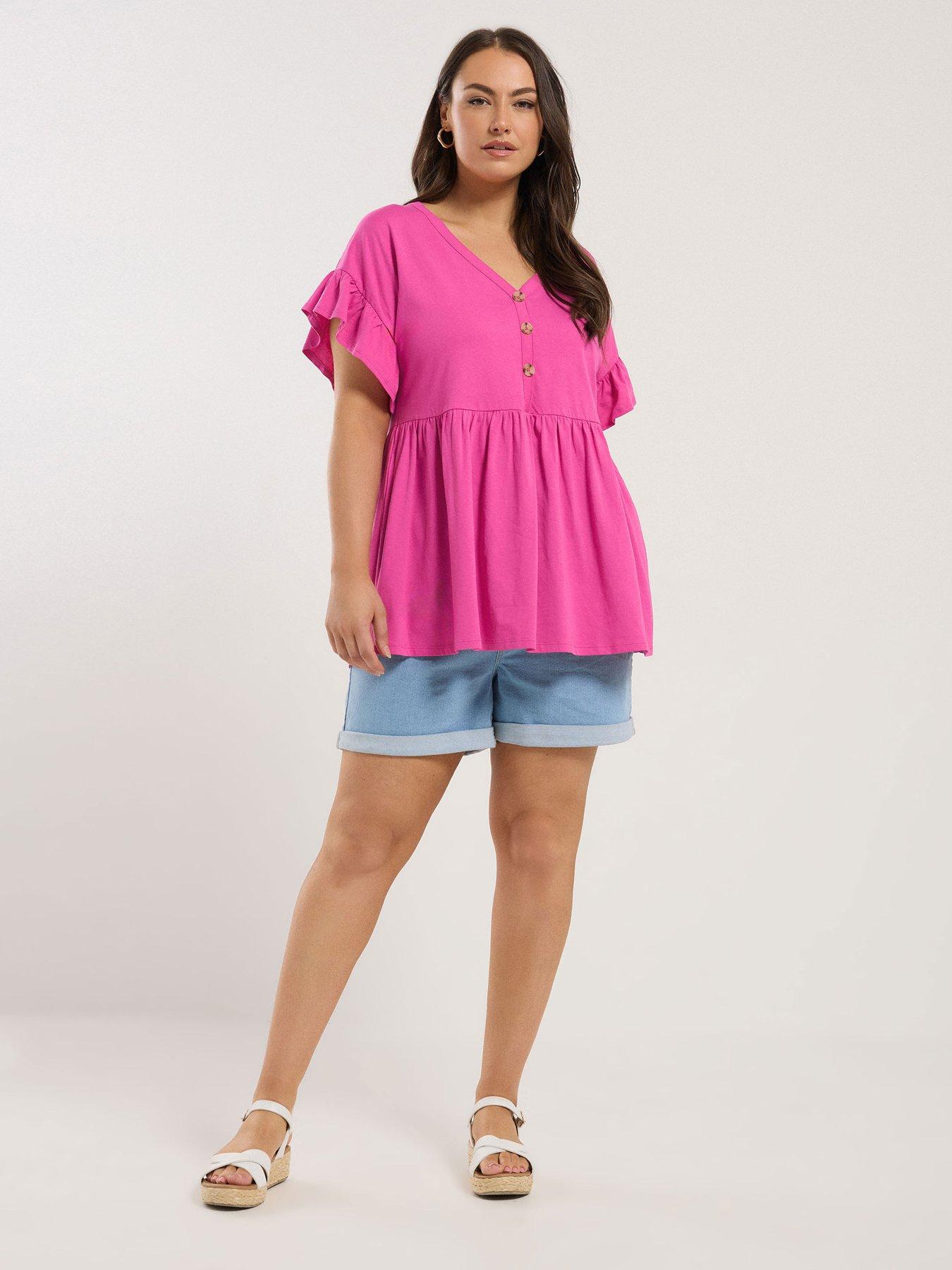  image of yours-curve-frill-sleeve-button-peplum-top-pink