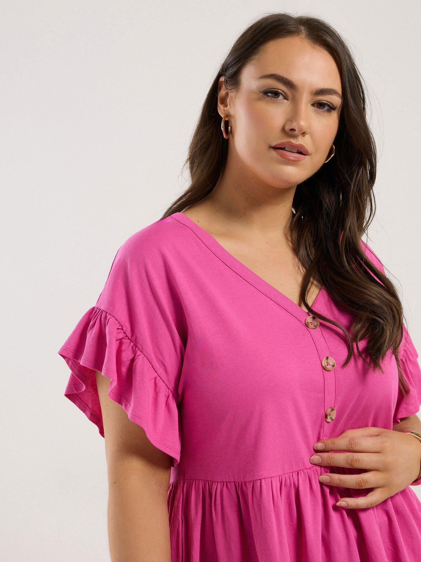  image of yours-curve-frill-sleeve-button-peplum-top-pink
