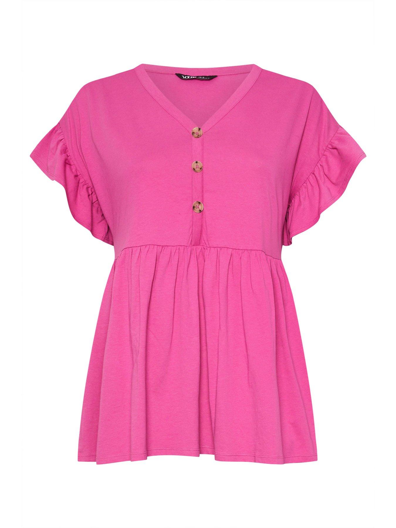  image of yours-curve-frill-sleeve-button-peplum-top-pink