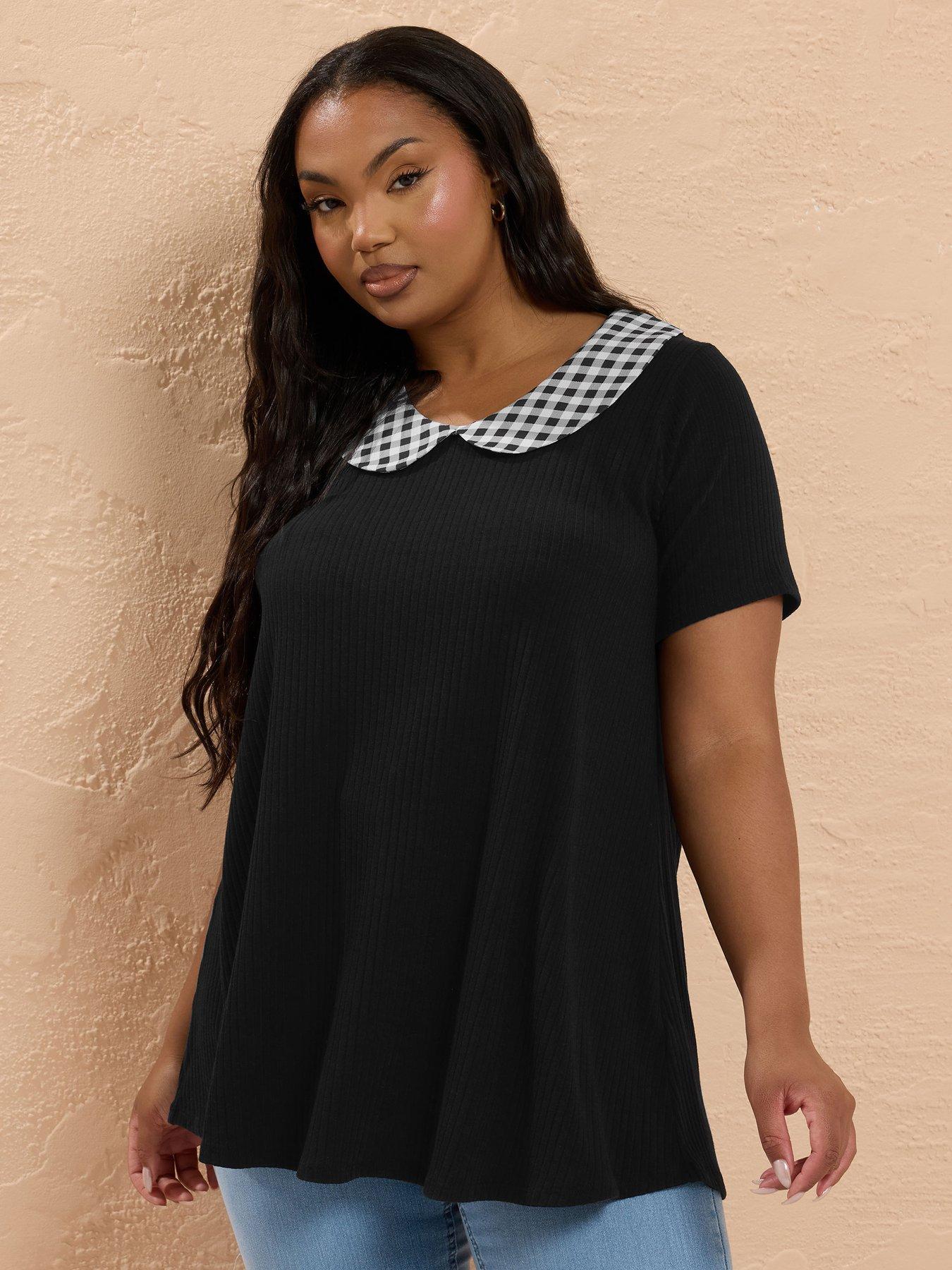 undefined Curve Gingham Collar Rib Swing Top - Black