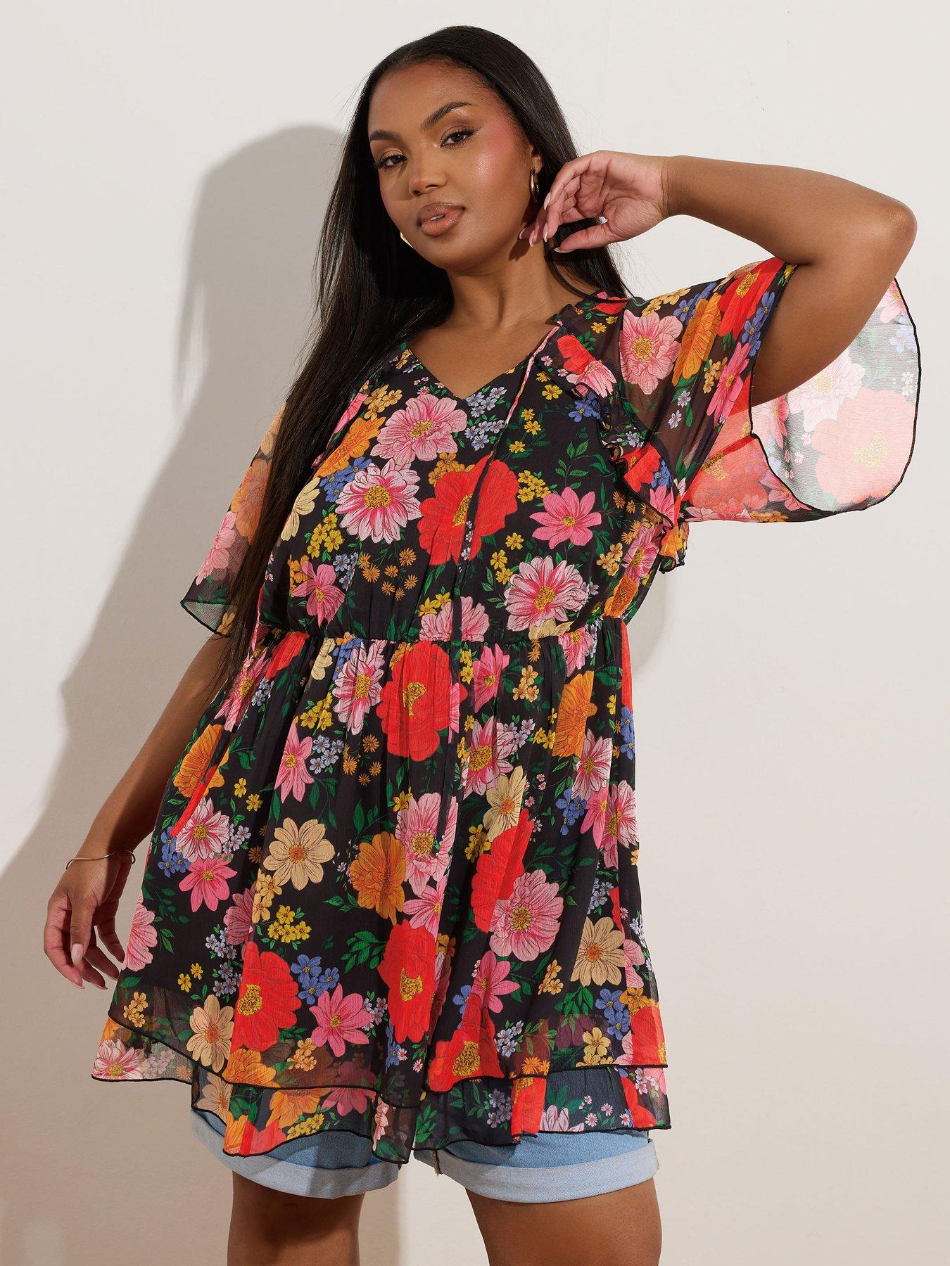 undefined Curve Ruffle Angel Sleeve Dress - Black