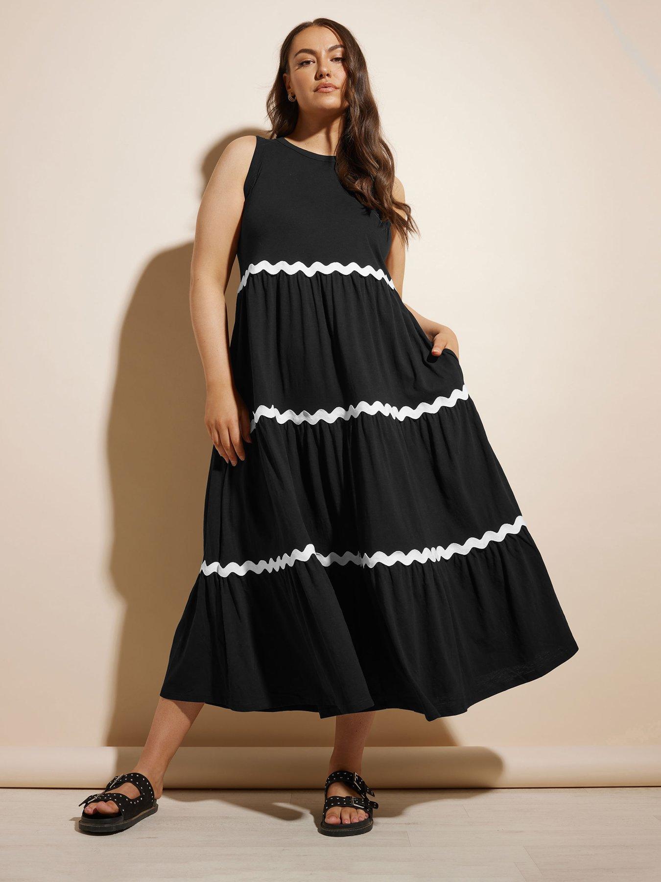 undefined Curve Contrast Trim Tiered Dress - Black