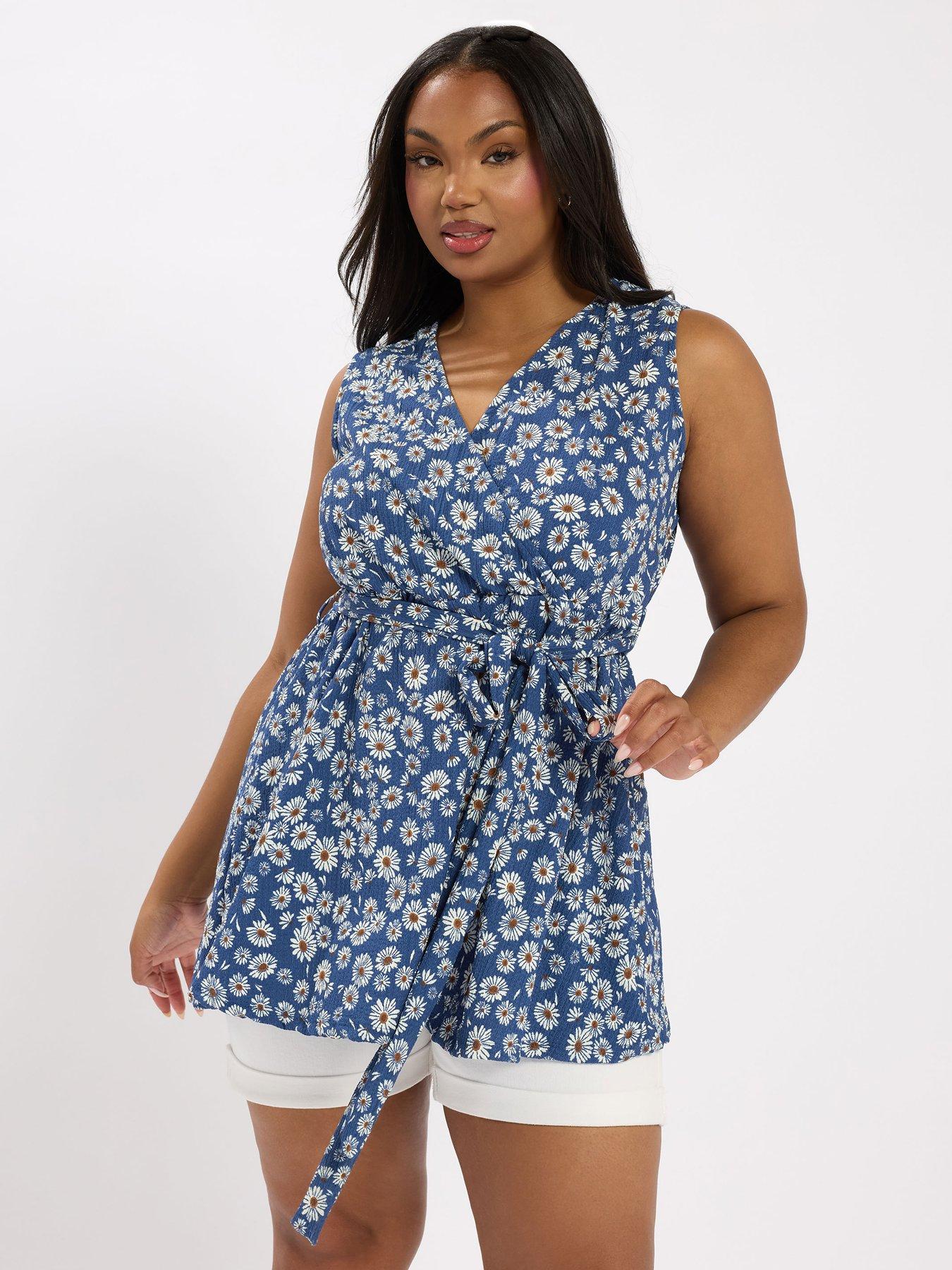 front image of yours-curve-sleeveless-wrap-top-blue