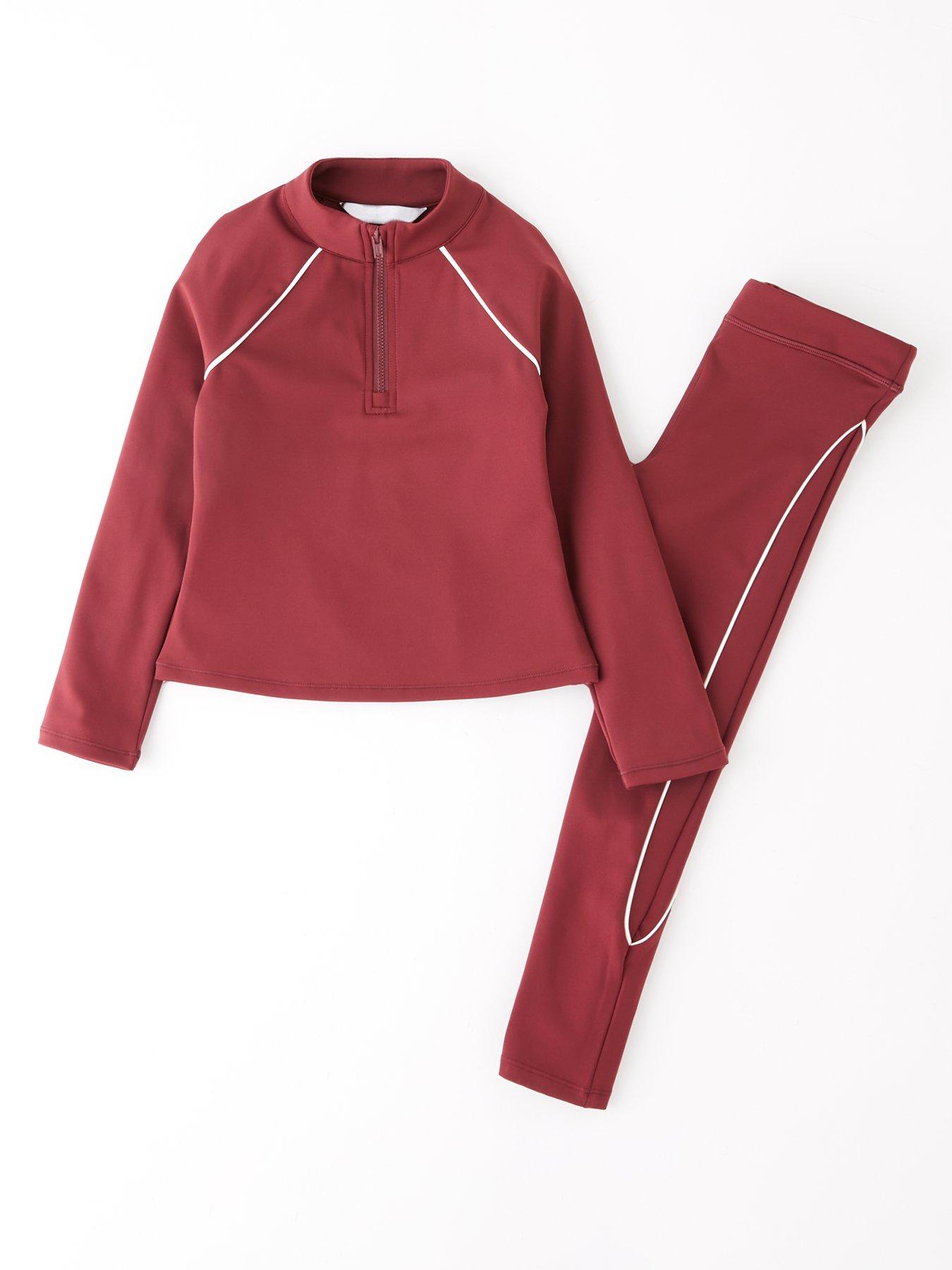 undefined Girls Sportswear Half Zip Up Long Sleeve Top and Legging Set - Burgundy/Red