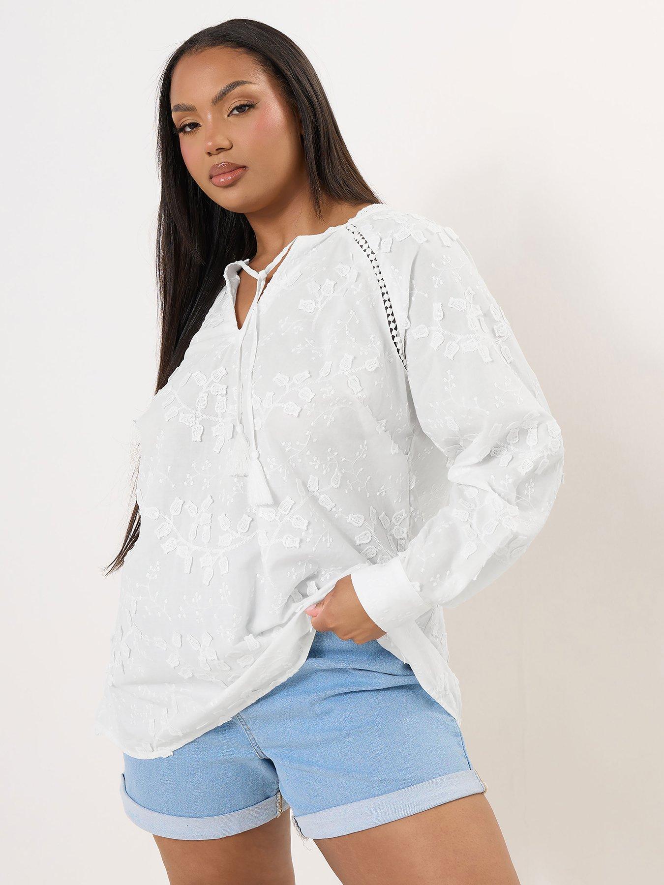 Yours Curve 3D Floral Tie Blouse - White