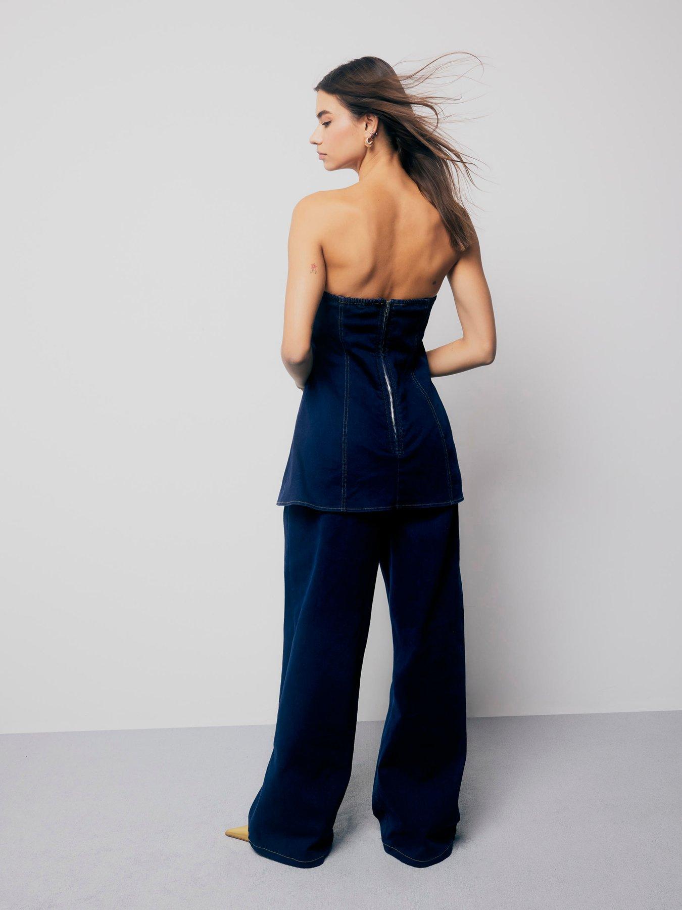 Image 2 of 4 of River Island Mimosa Bandeau Denim Jumpsuit - Blue