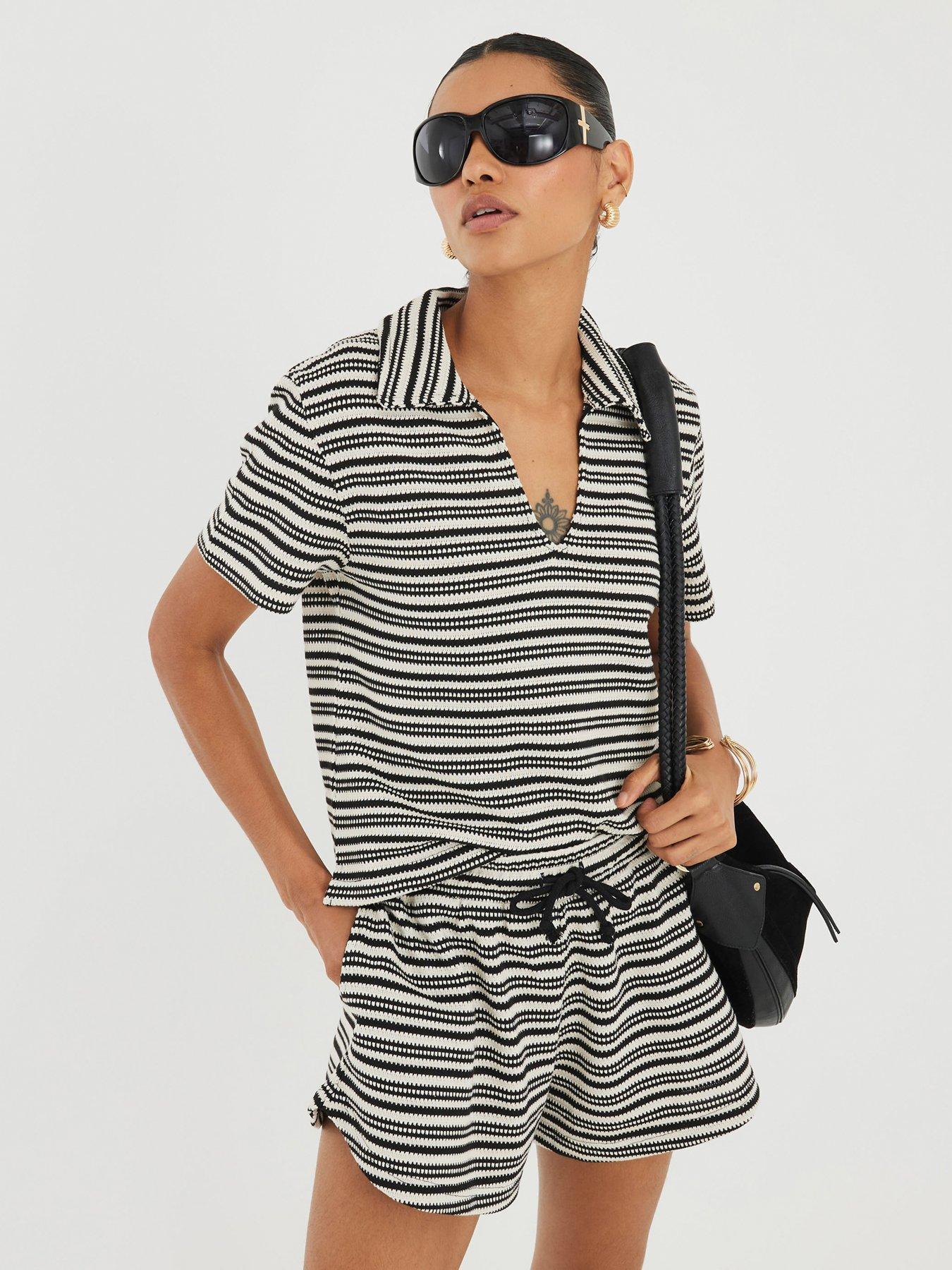 Image 1 of 4 of River Island Short Sleeve Stripe Polo Top - Cream