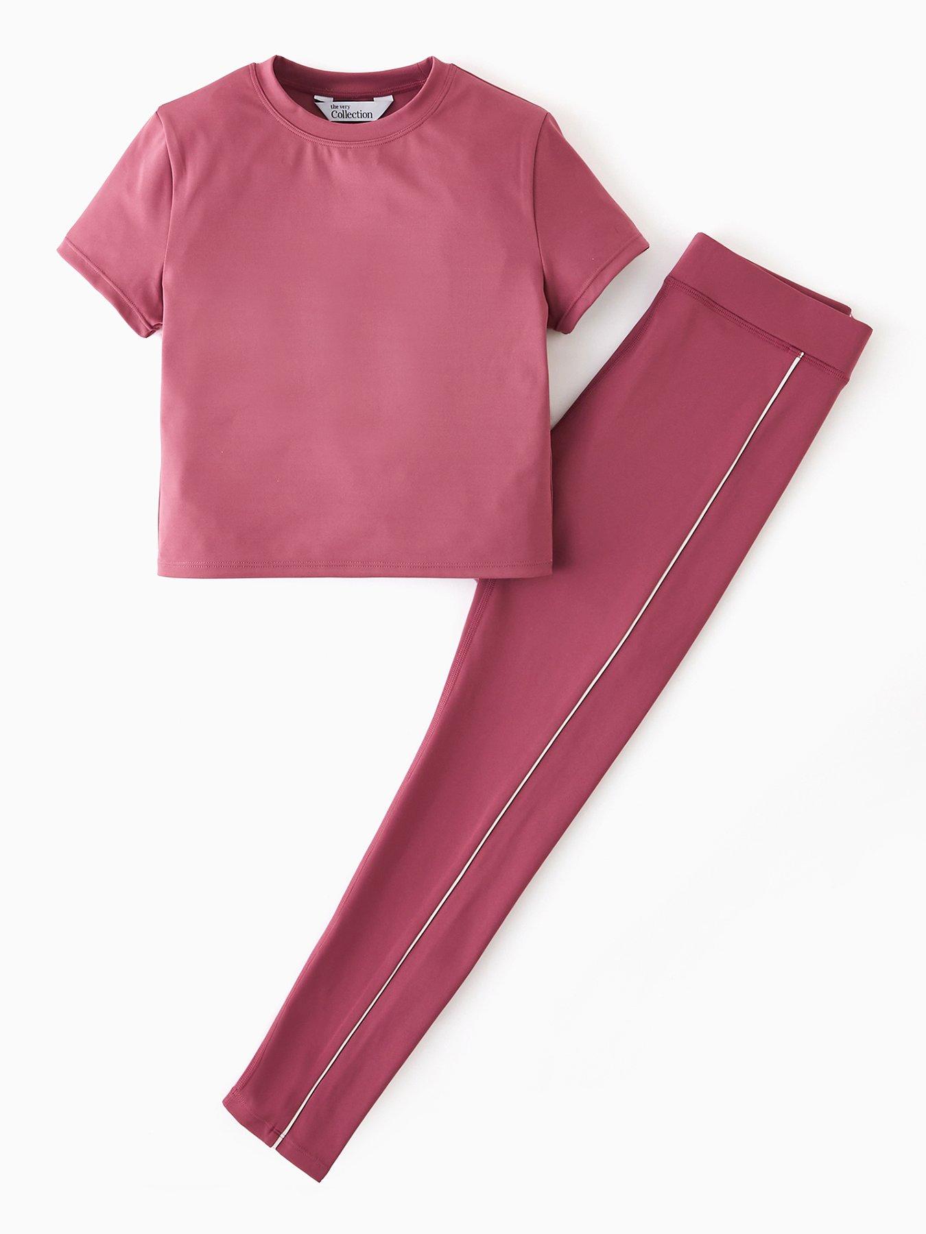 undefined Girls Sportswear Piping Detail Short Sleeve Top And Legging Set - Pink