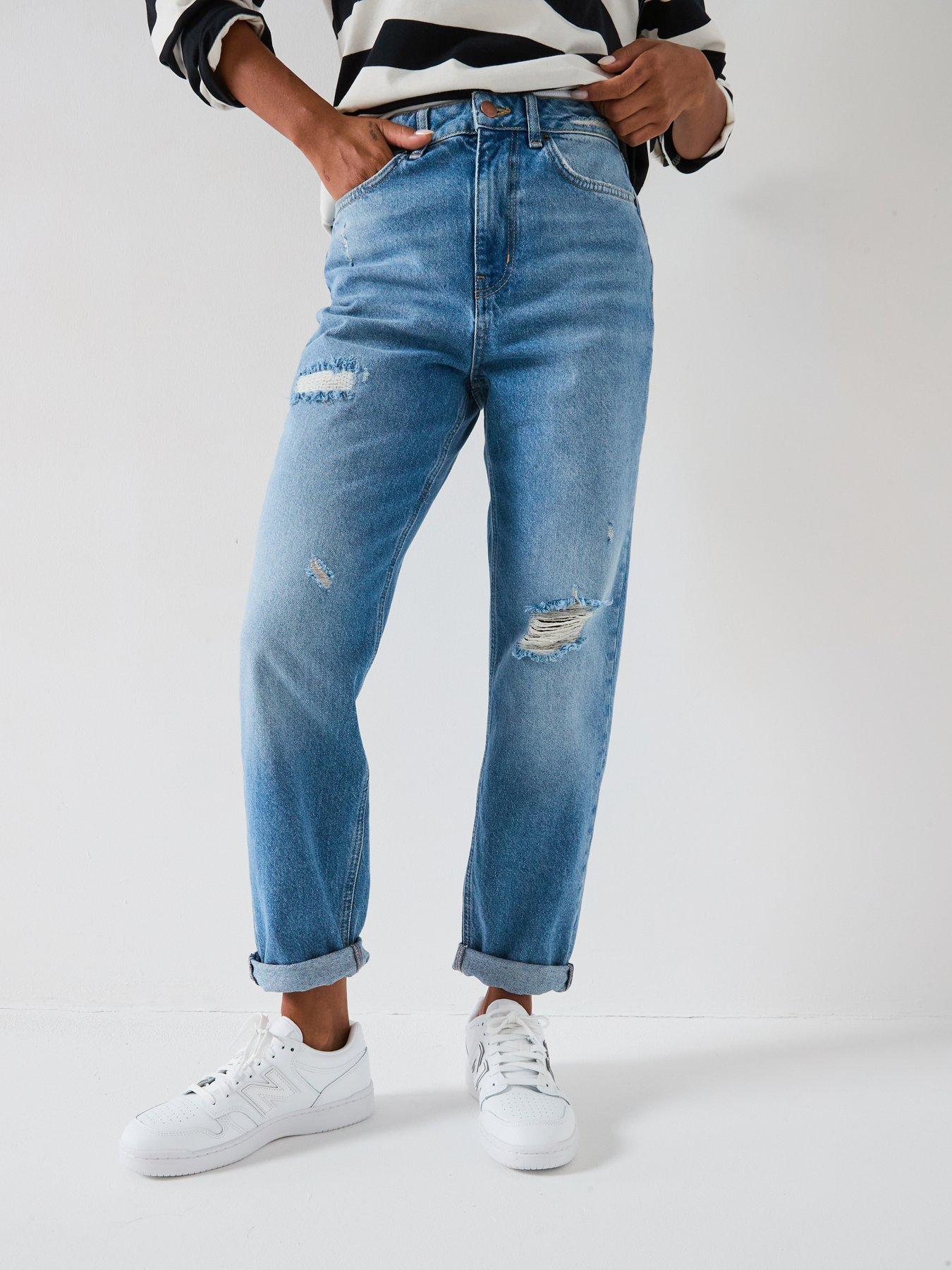 V by Very High Waist Rip And Repair Mom Jeans - Mid Wash