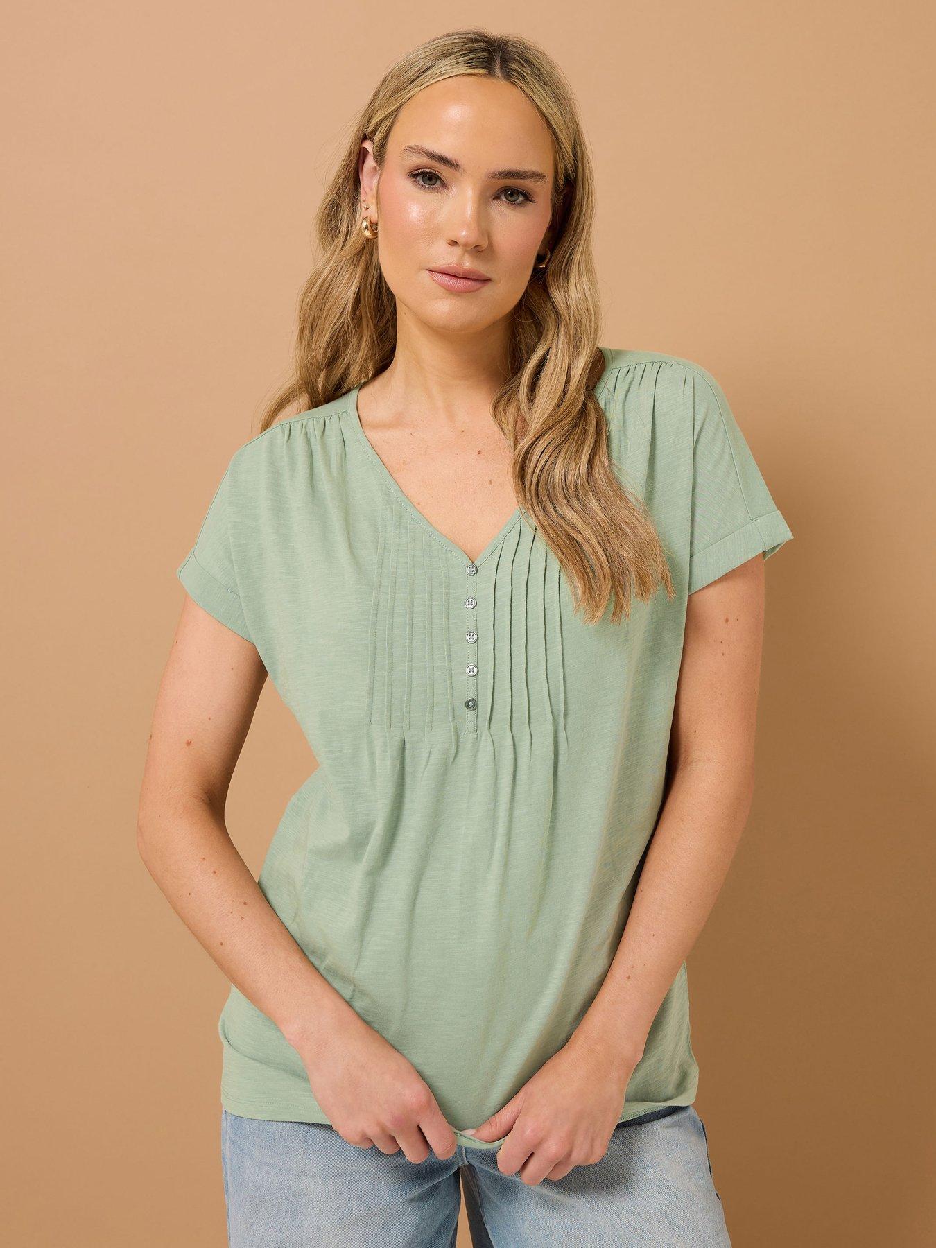 undefined Short Sleeve Pintuck Henley Top - Green