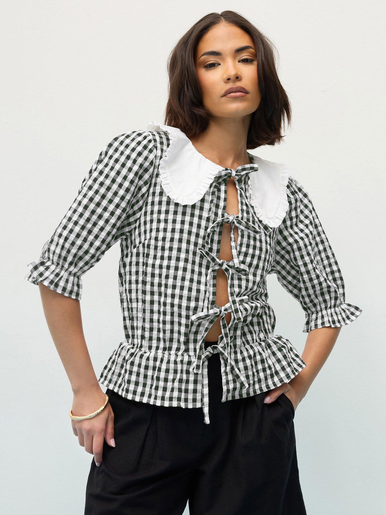 undefined Petite Gingham Collar Tie Front Top - Black