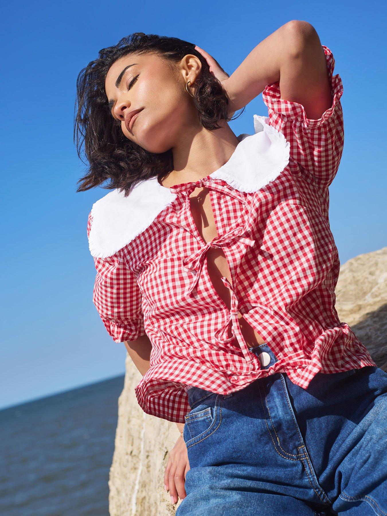undefined Petite Gingham Collar Tie Front Top - Red