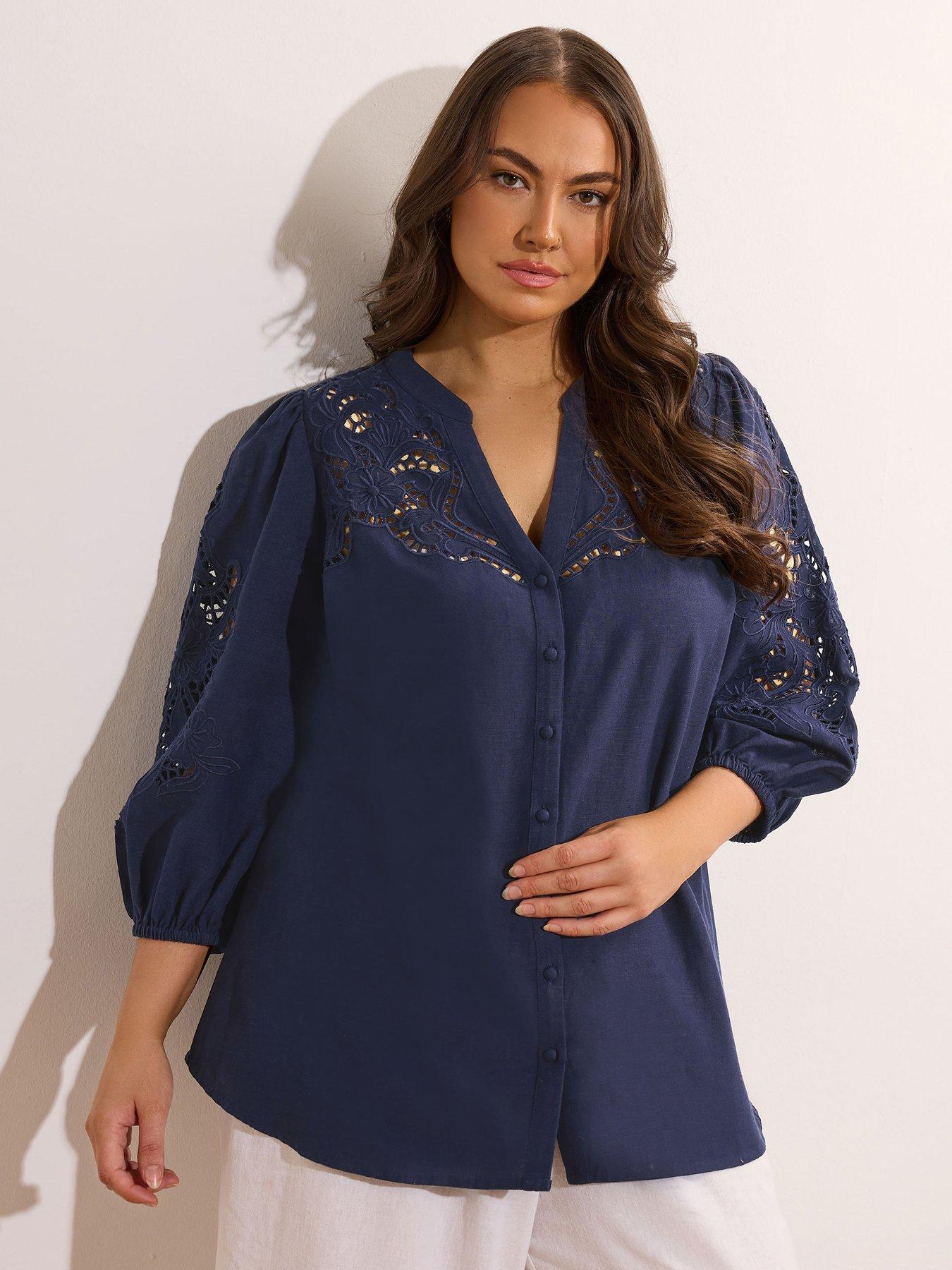 undefined Cutwork Linen Blouse - Blue