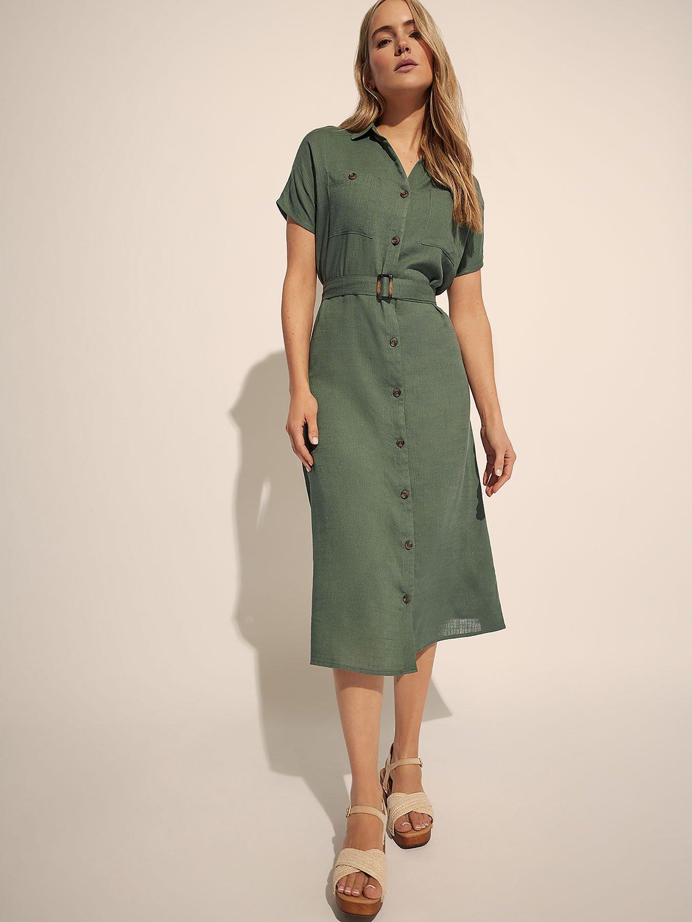 undefined Grown On Sleeve Linen Button Dress - Green