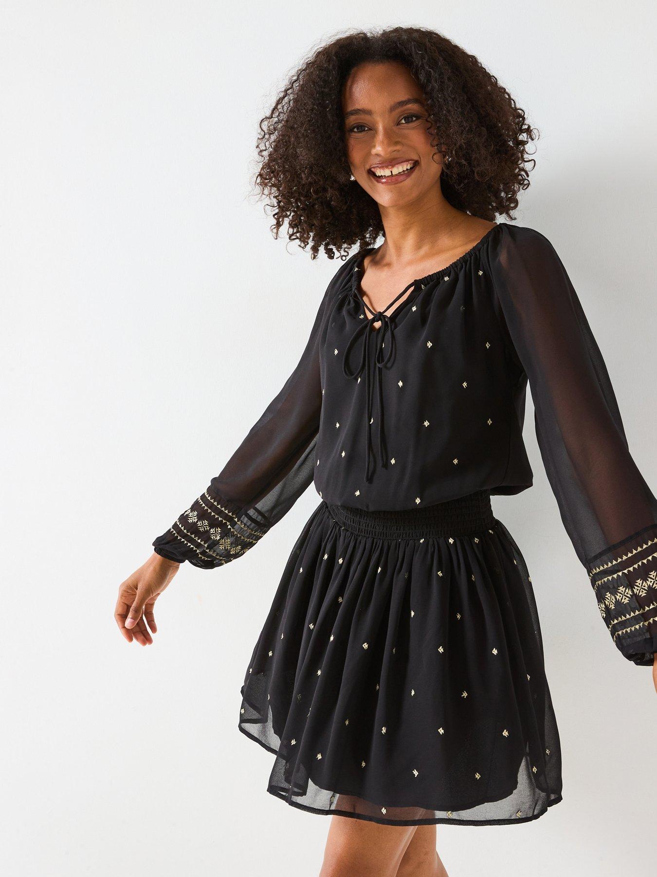  image of v-by-very-shirred-waist-elasticated-neck-mini-dress-black