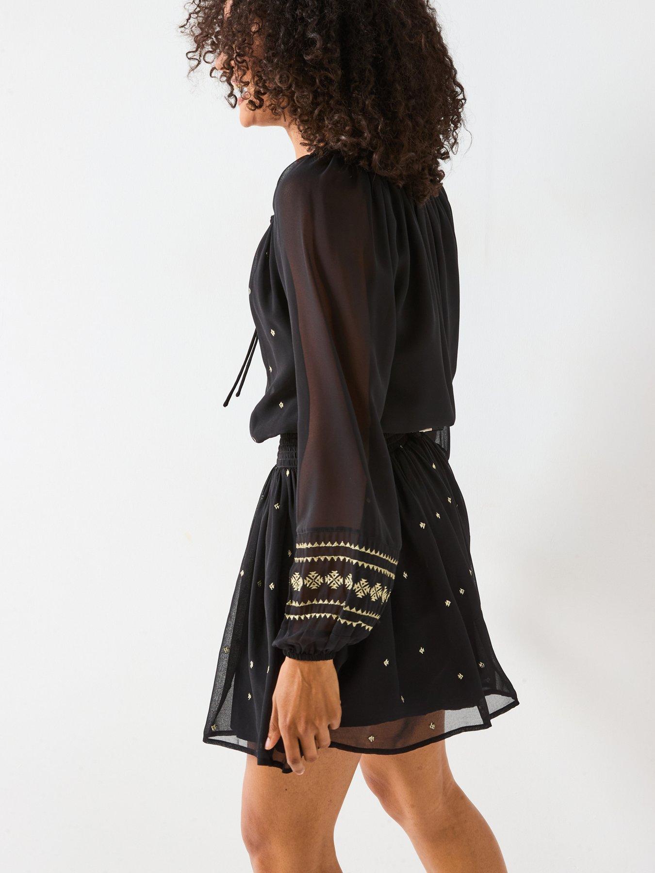  image of v-by-very-shirred-waist-elasticated-neck-mini-dress-black