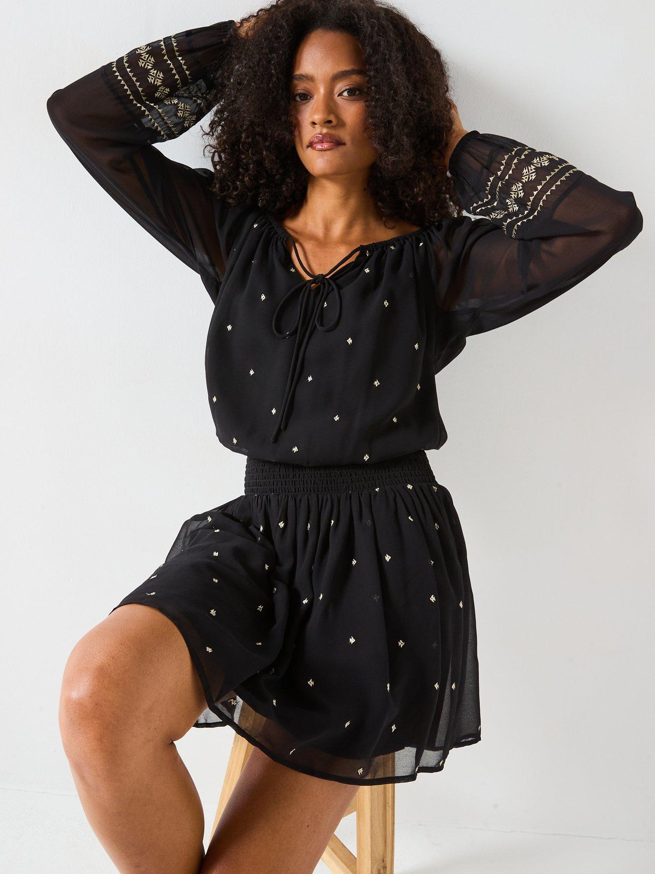  image of v-by-very-shirred-waist-elasticated-neck-mini-dress-black