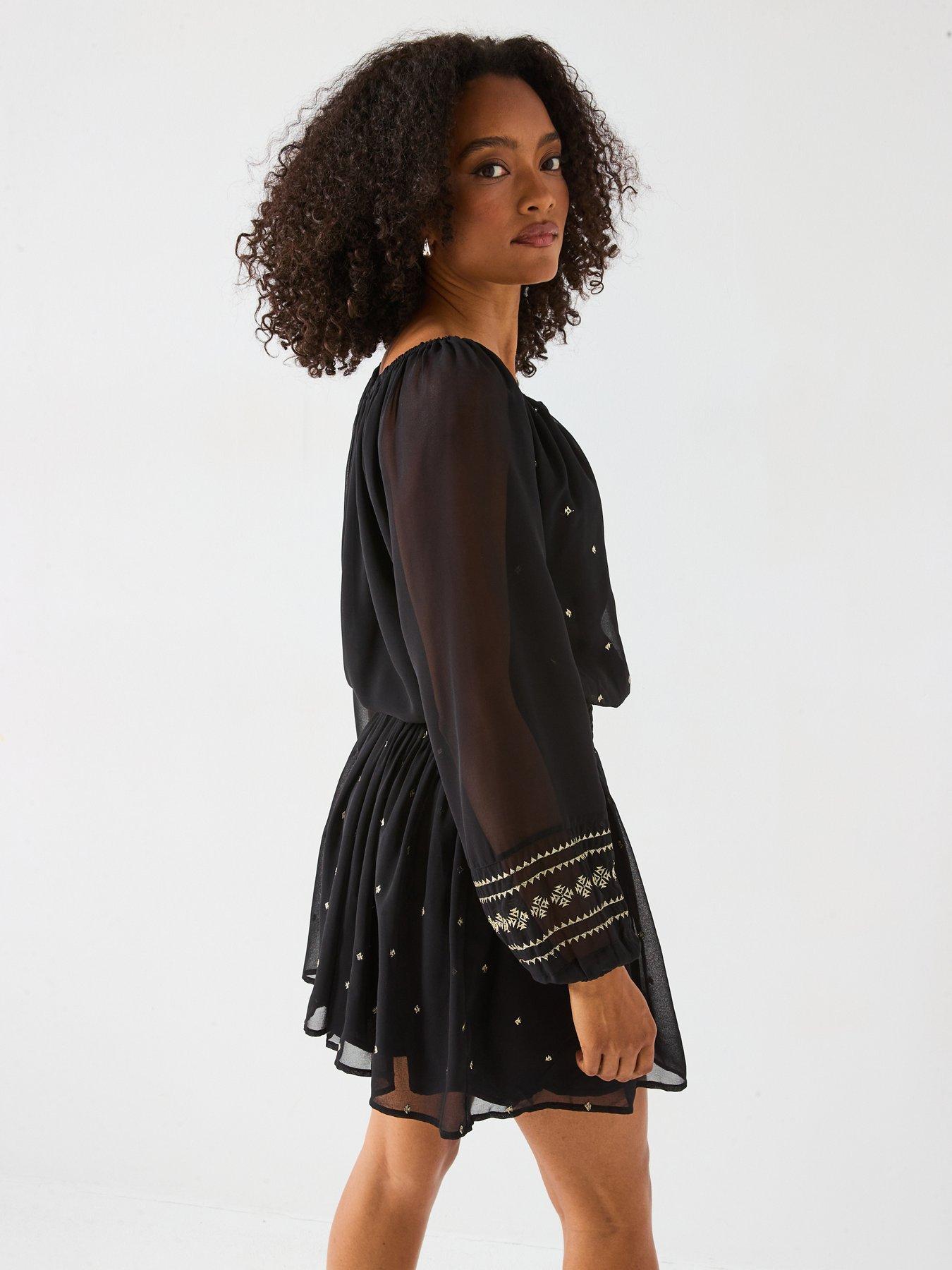  image of v-by-very-shirred-waist-elasticated-neck-mini-dress-black