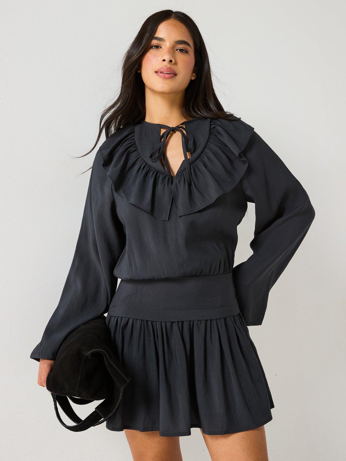 undefined Modal Ruffle Front Mini Dress - Black