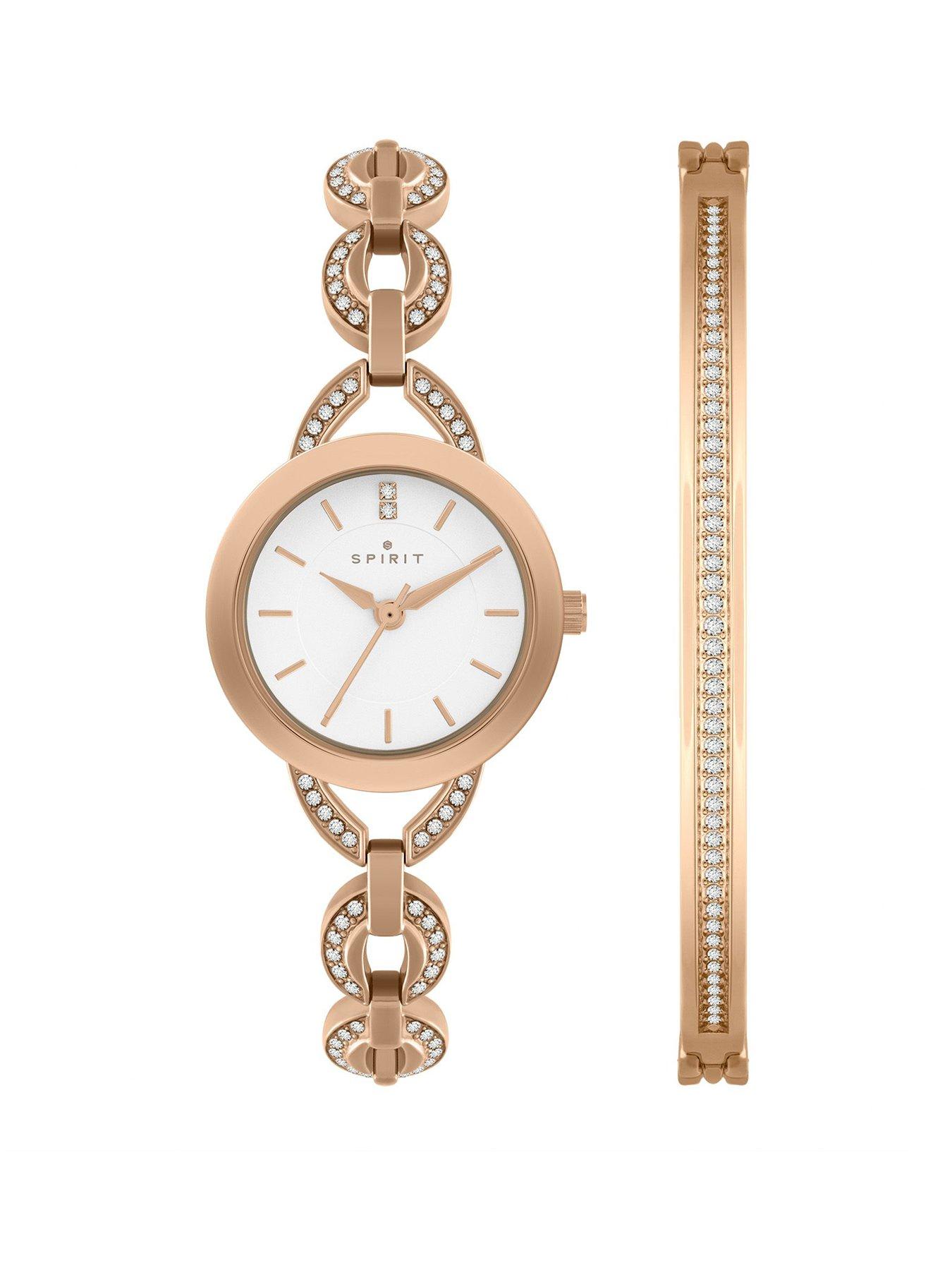 spirit-ladies-polished-pale-rose-gold-link-bracelet-watch-amp-bangle-set