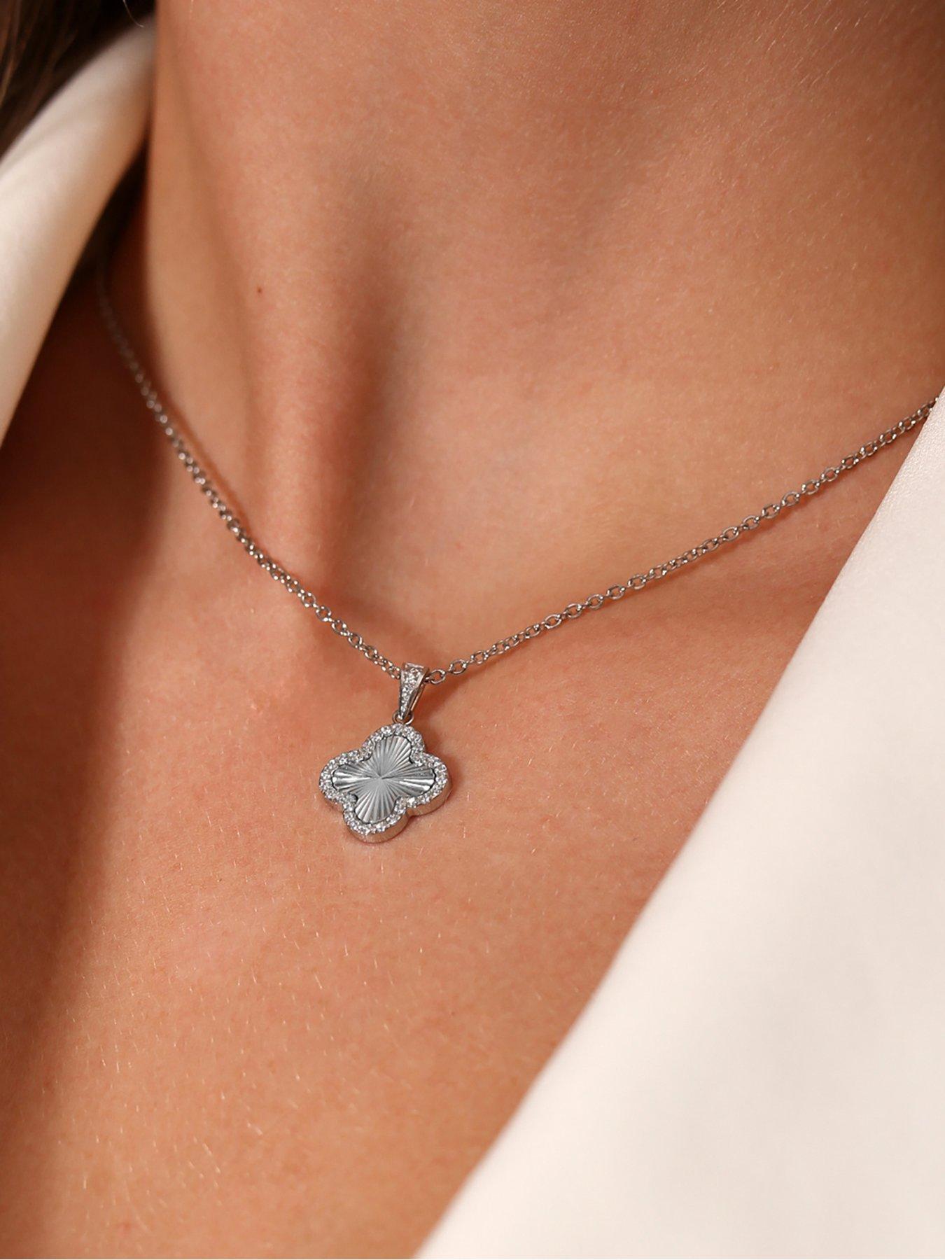  image of say-it-with-cz-clover-necklace-silver