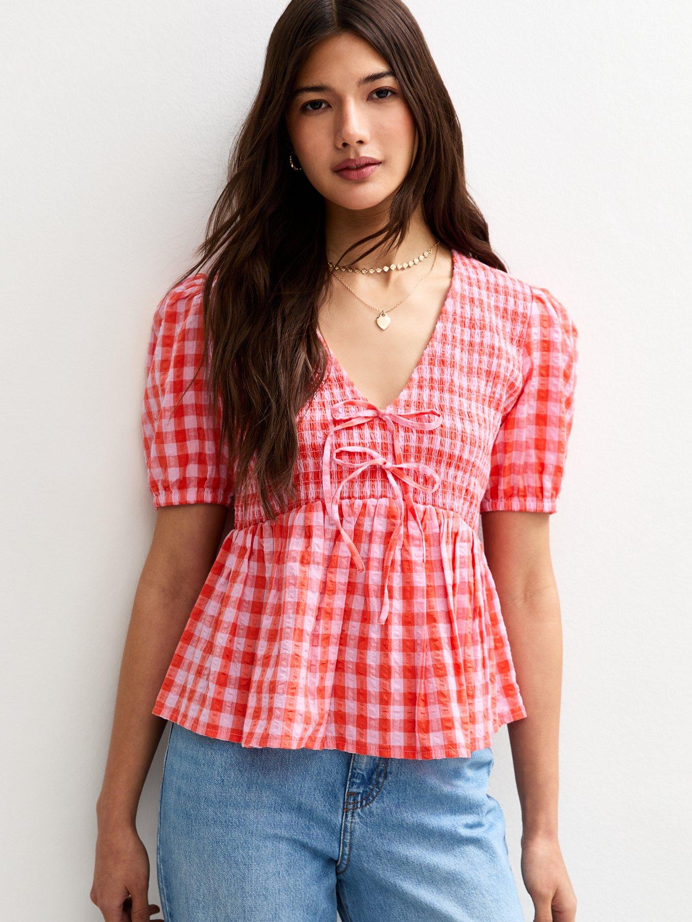 New Look Pattern Shirred Tie Top - Red