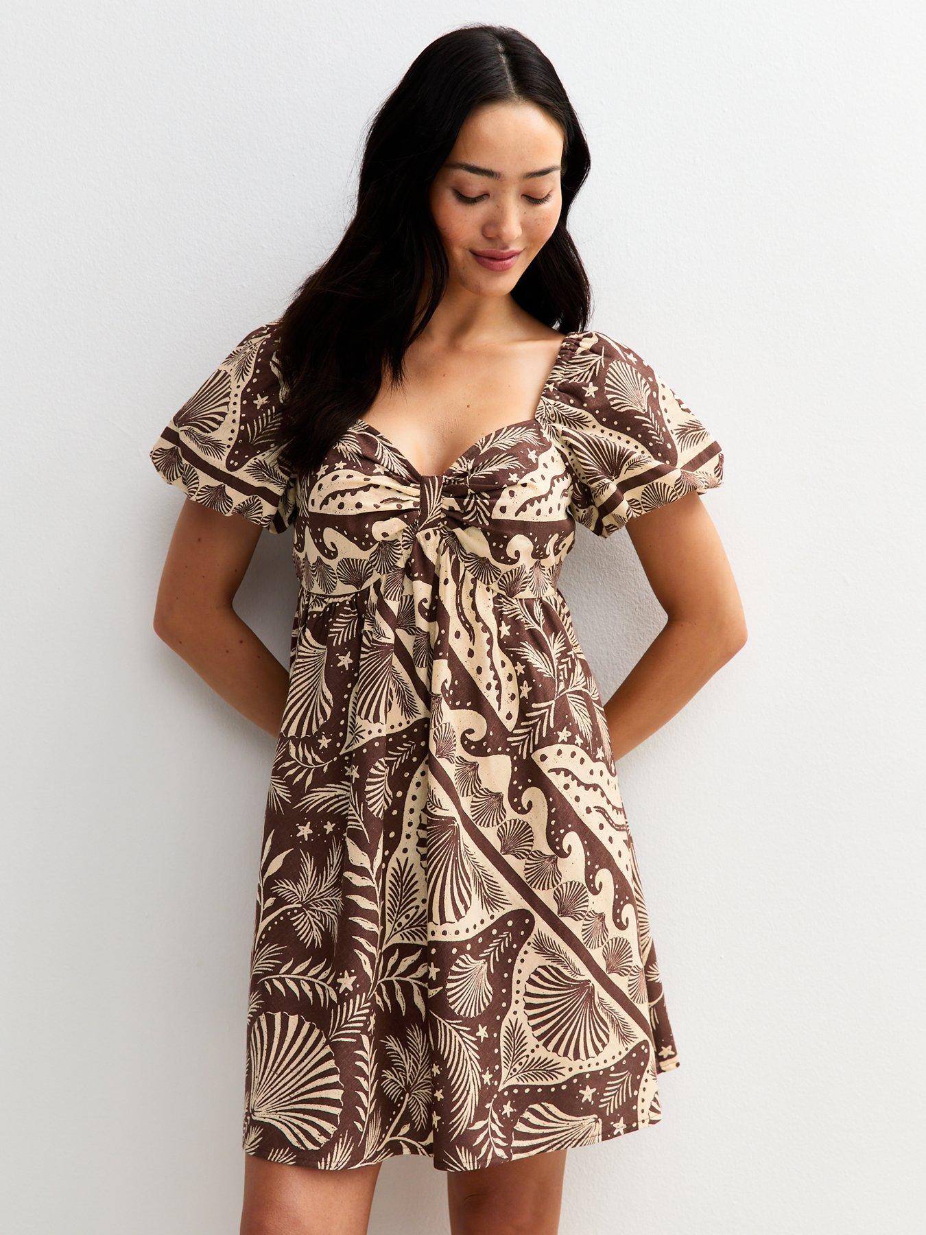 undefined Brown Shell Print Puff Sleeve Mini Dress