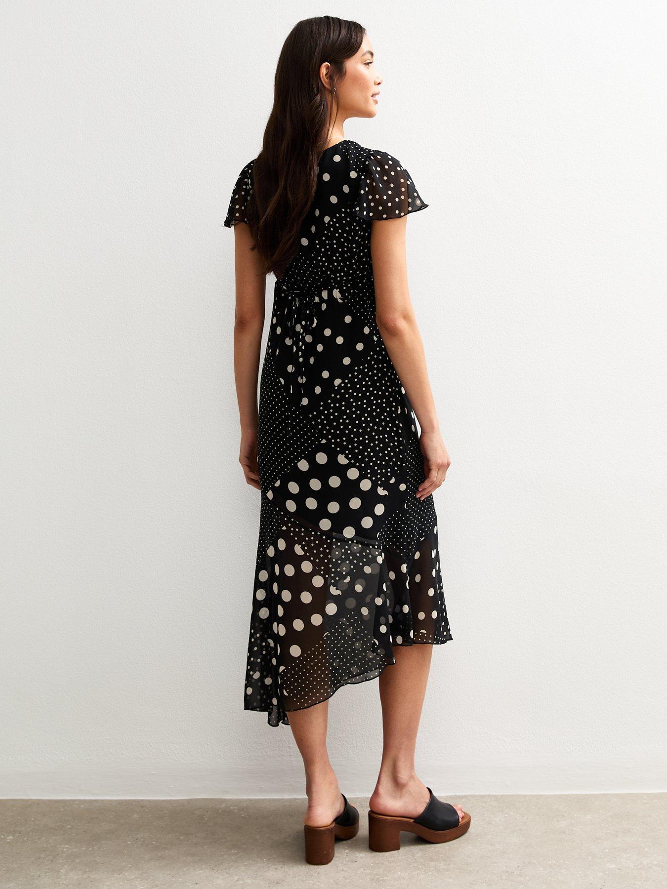 Image 2 of 4 of New Look Black Spot Print V-neck Midi Dress