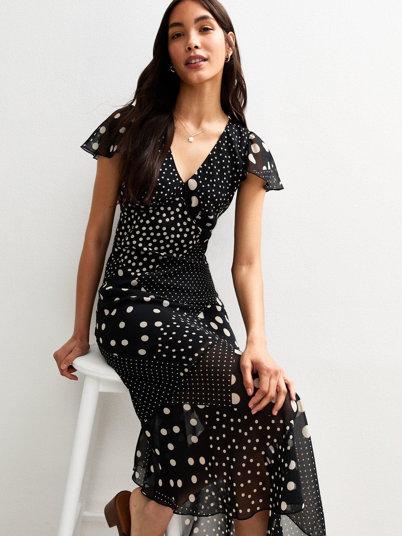 Image 3 of 4 of New Look Black Spot Print V-neck Midi Dress