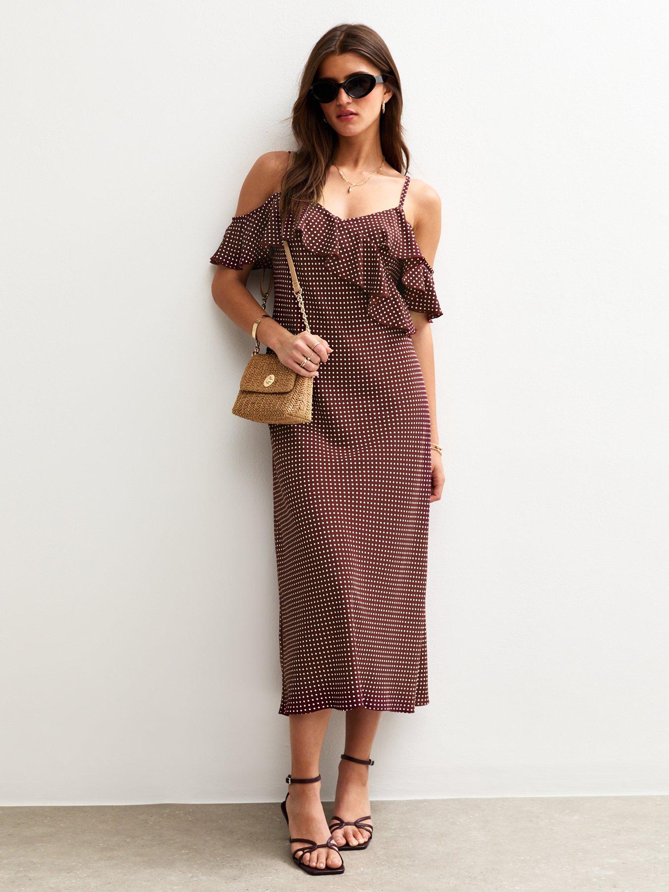 undefined Brown Spot Print Ruffle Trim Strappy Midi Dress