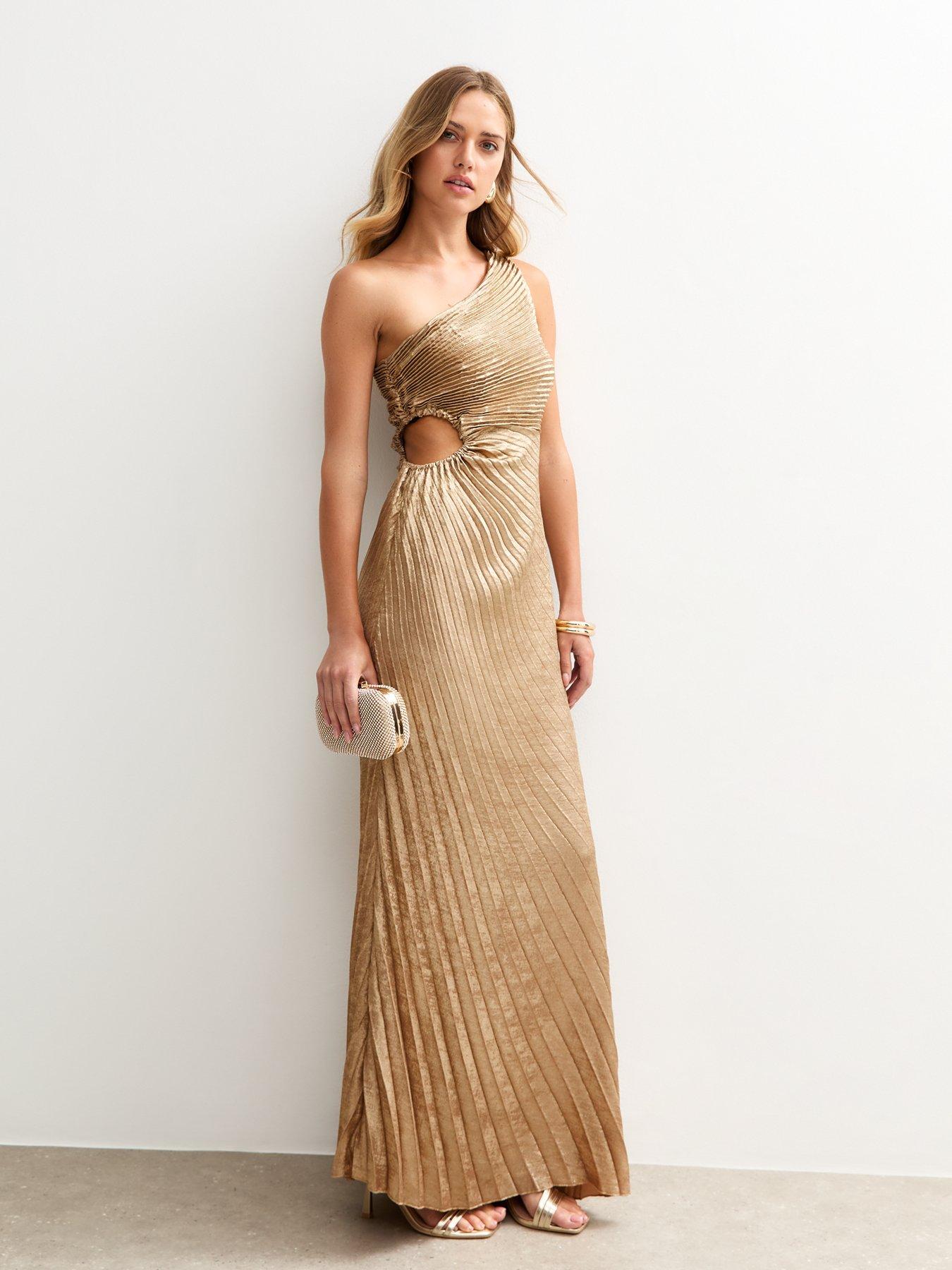 undefined Metallic Satin Pleated Maxi Dress - Gold
