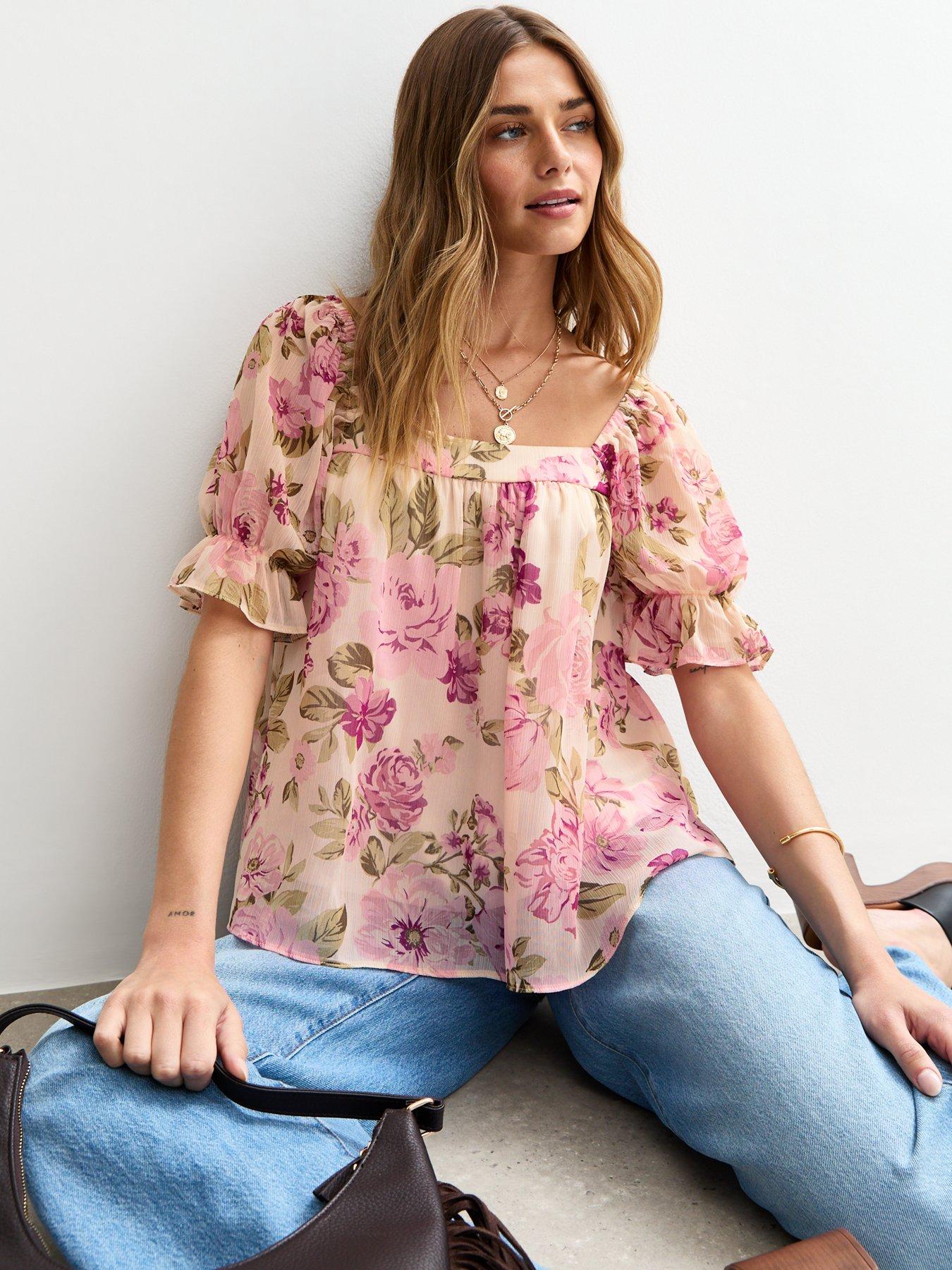 undefined Floral Print Chiffon Smock Top - Cream